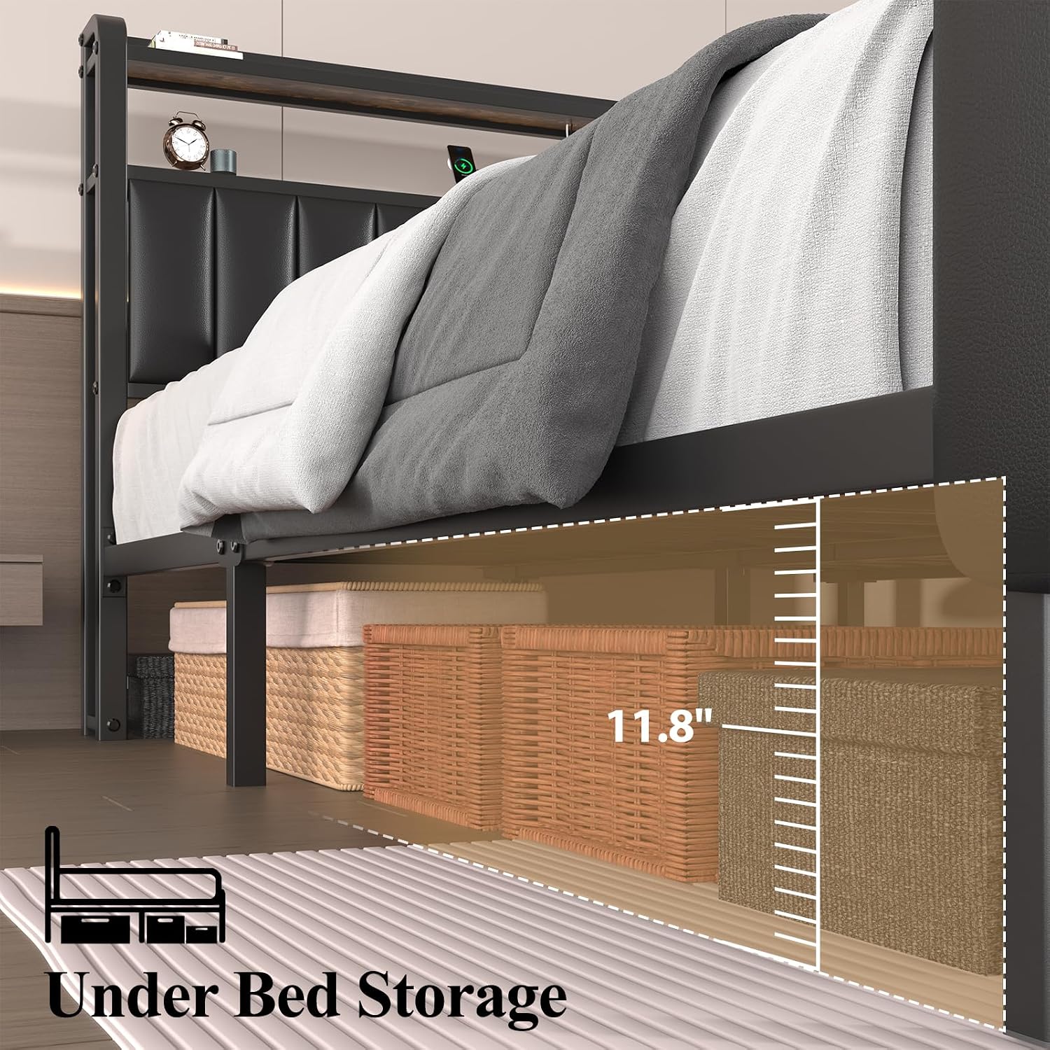Queen Metal Bed with Star Projector & Charging Station, Upholstered Bed frame with PU Leather Headboard, Heavy Duty Beds with Storage Ottoman, Metal Support, Noise-Free, No Box Spring Needed, Black