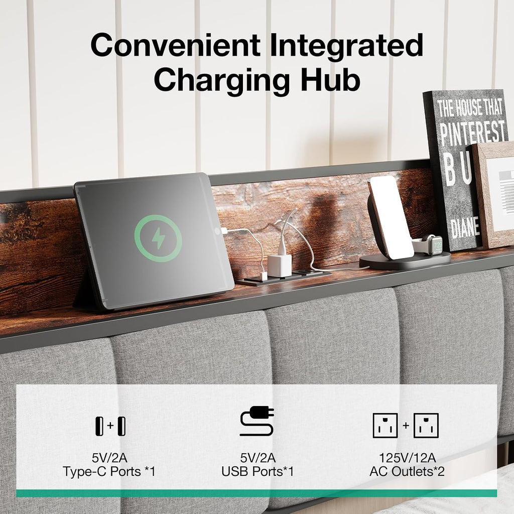 Novilla Queen Bed Frame with Charging Station USB/Type-C & Storage Headboard, Modern Metal Platform Bed Frame, Easy Assembly, Heavy Duty Slats Support, Noise Free, No Box Spring Needed