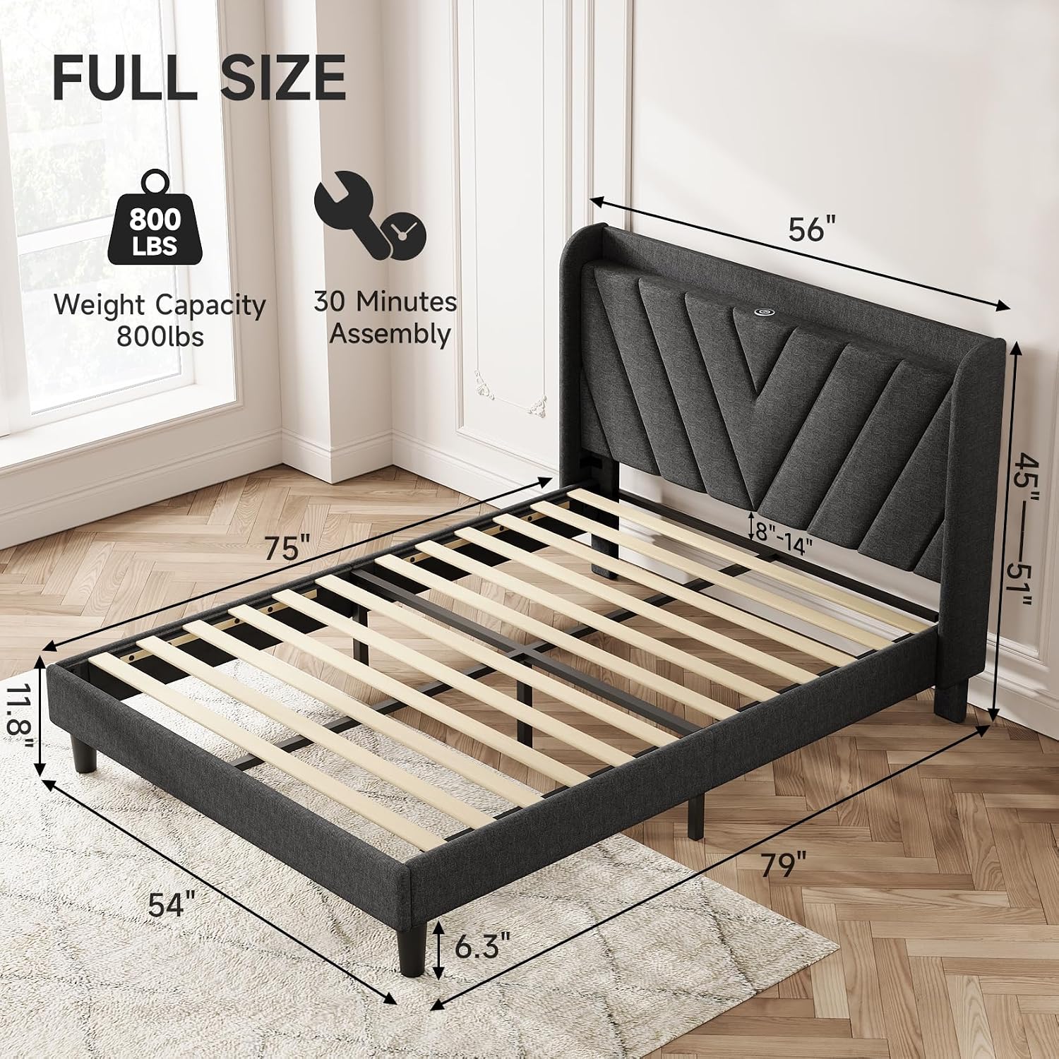 koorlian Full Size Bed Frame, Full Bed Frame with Headboard, Adjustable Upholstered Bed Frame with Type-C&USB Port, Wingback Storage Headboard, Noiseless, No Box Spring Needed, Dark Gray