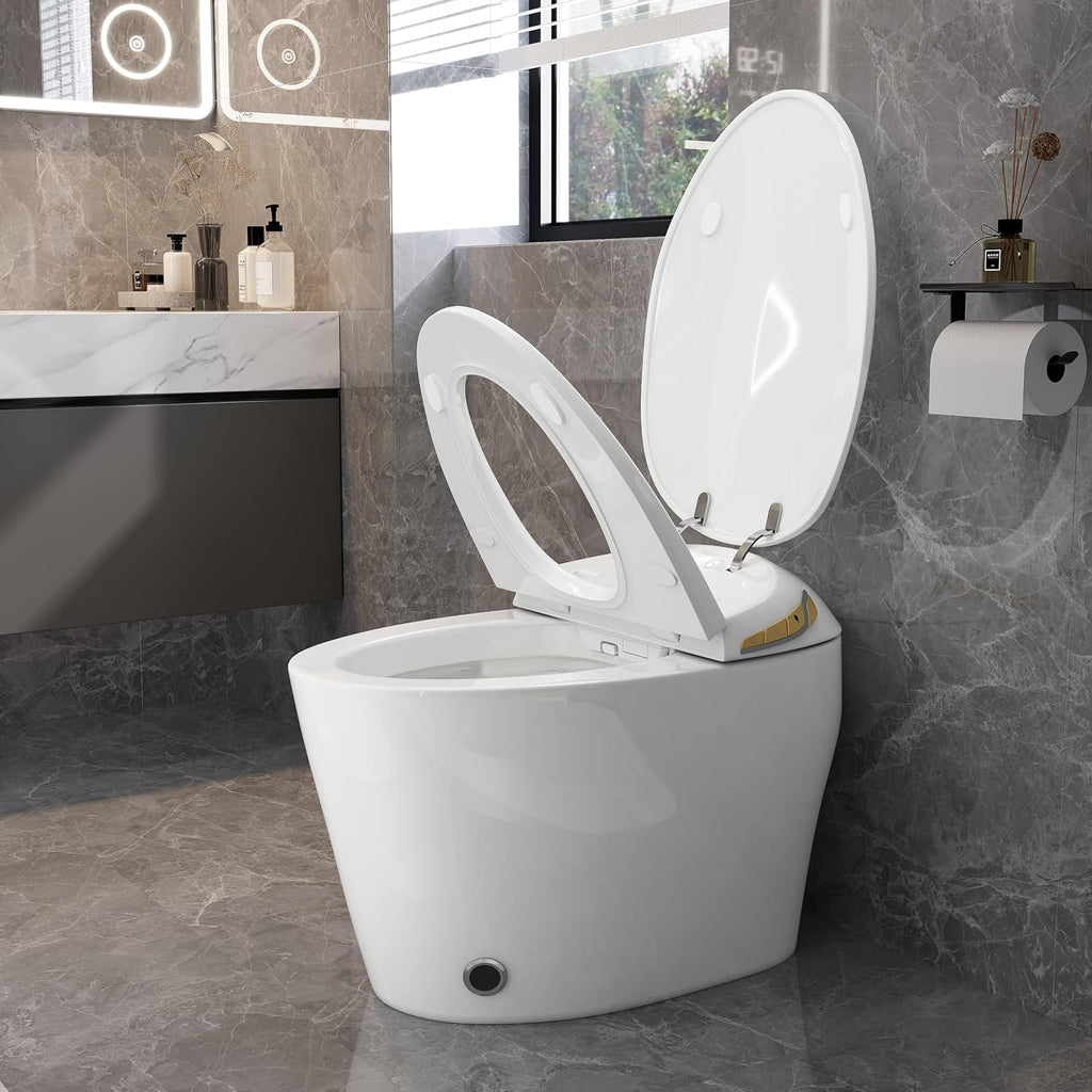 Smart Toilet, Electric Tankless Toilet with Bidet Built in & Dryer, Auto Open/Close, Instant Warm Water, Elongated Heated Seat, Auto Flush (White, Oval Egg Shaped)