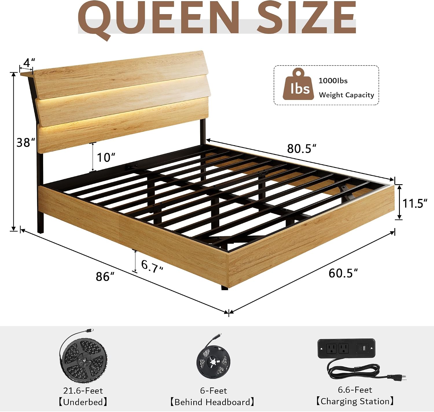 iPormis Floating Queen Metal Bed Frame with LED Lights & Charging Station, Platform Bed with Wooden Storage Headboard, Sturdy Steel Slats, No Box Spring Needed, Easy Assembly, Noise-Free, Oak