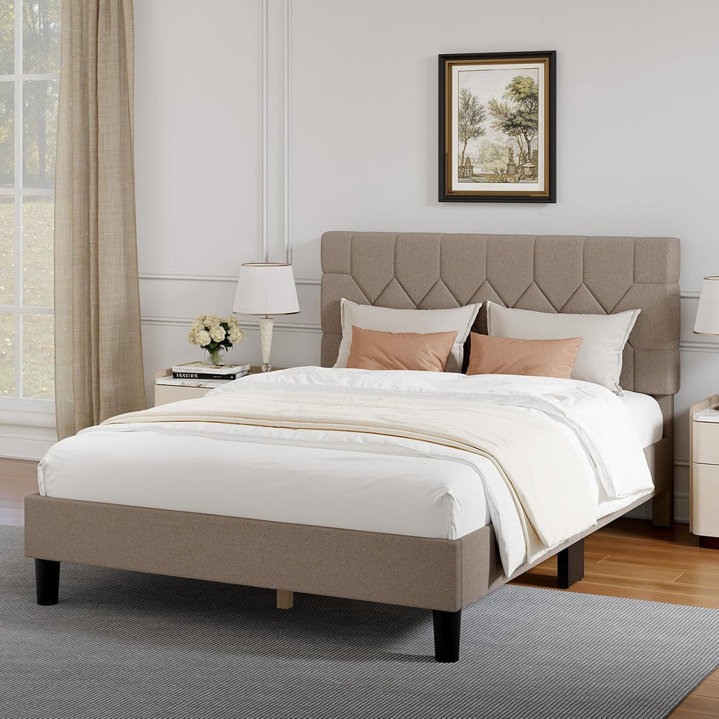 Novilla Queen Bed Frame with Headboard, Bed Frame Queen Size with Wood Slats Support, Linen Upholstered Pull-Point Headboard, No Box Spring Needed, Heavy Duty Feet, Easy Assembly, Beige