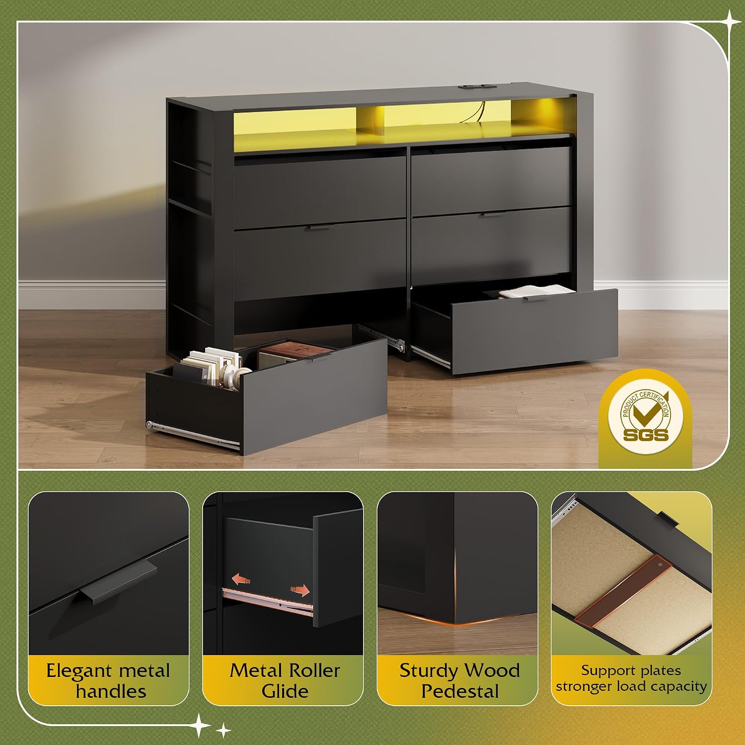 WLIVE 6 Drawer Led Dresser for Bedroom, 51' Black Wood Dresser Storage Organizer with Charging Station for 55' TV, Dressers with Open Shelves, Hanging Rack, Chest of Drawers for Closet, Living Room