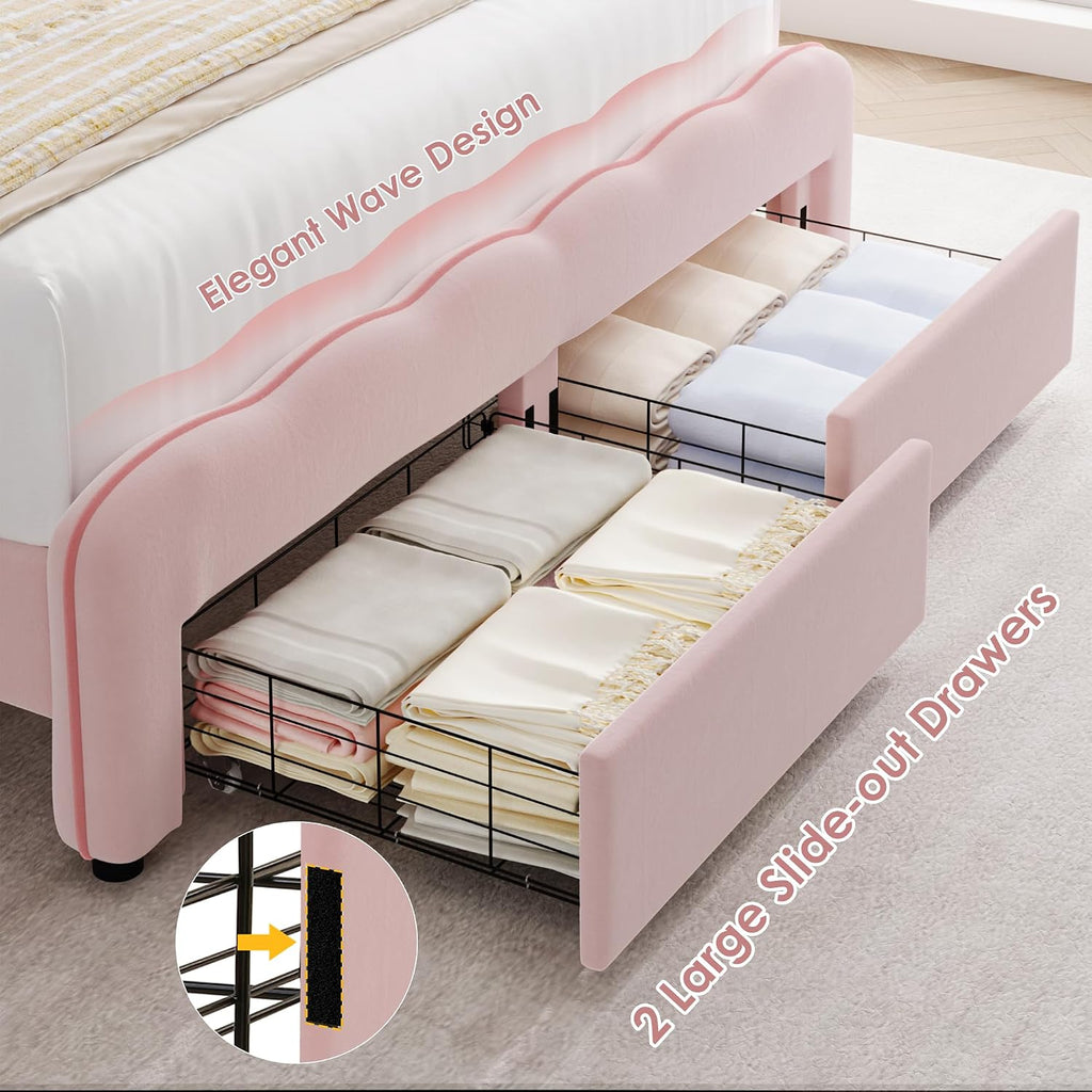 HOSTACK Queen Upholstered LED Bed Frame with Storage Drawers, Cute Girls Bed with Adjustable Lotus Headboard, Velvet Princess Platform Bed Frame, Wooden Slats Support, No Box Spring Needed, Pink/Beige