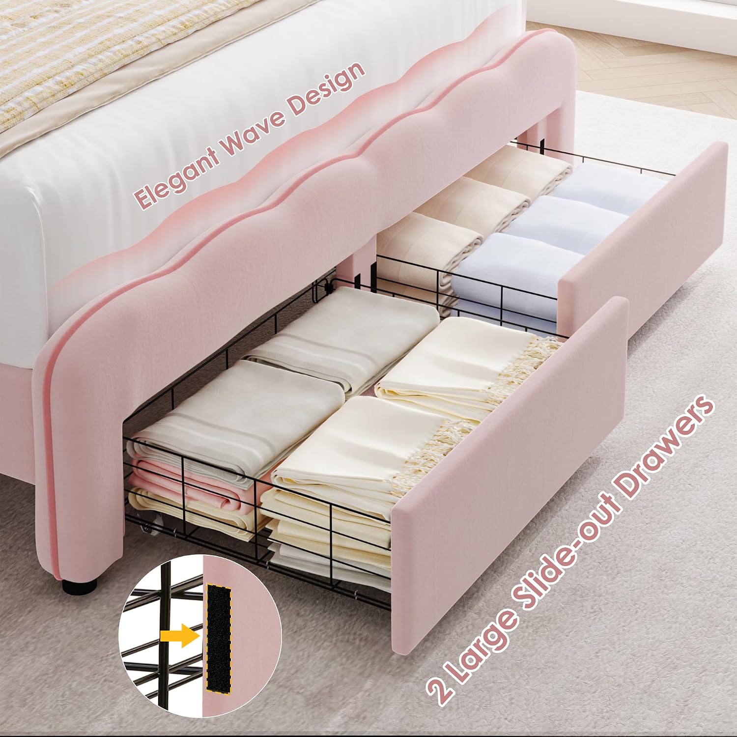 HOSTACK Queen Upholstered LED Bed Frame with Storage Drawers, Cute Girls Bed with Adjustable Lotus Headboard, Velvet Princess Platform Bed Frame, Wooden Slats Support, No Box Spring Needed, Pink/Beige