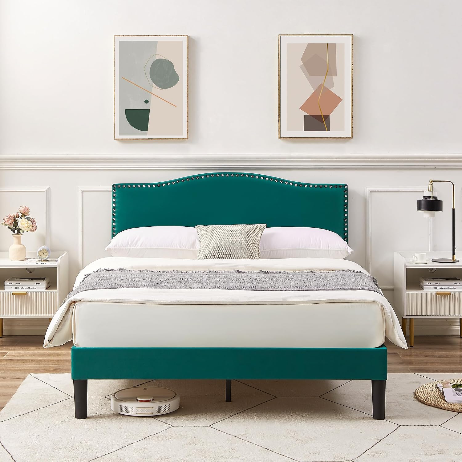 VECELO Queen Bed Frame, Platform Bed Frame with Adjustable Height Upholstered Headboard, Heavy-Duty Frames and Strong Wooden Slats Support, Non-Slip and Noise-Free, Easy Assembly, Dark Green