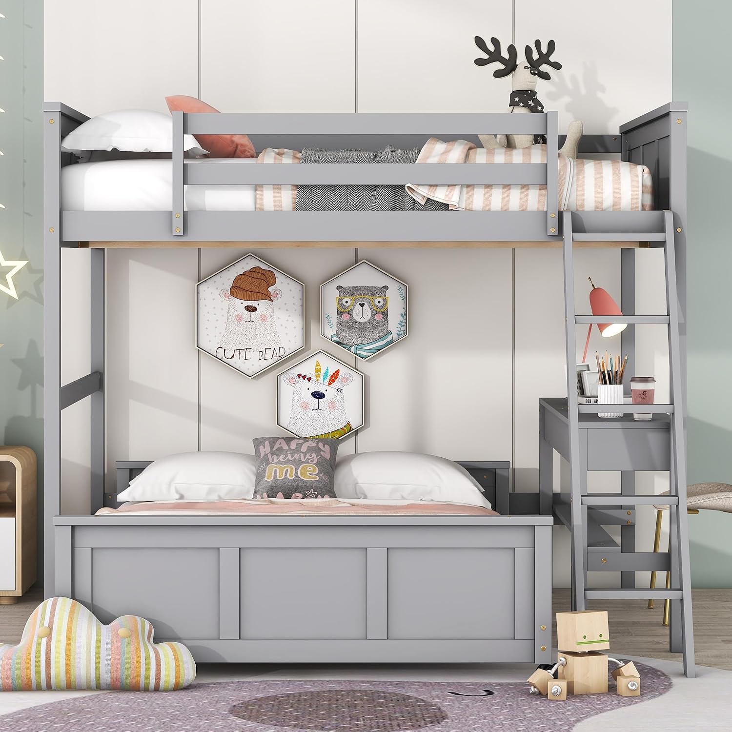 Ball & Cast Full Over Full Bunk Bed with Safty Guardrail & Stairway,Heavy Duty Wood Loft Bedframe W/Desk & Drawers,Easy Assembly,Versatile Functional Bedroom Furniture Set for Boy Girl Teens,Gray