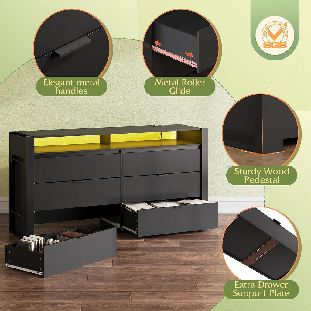 WLIVE 78 Inch LED Dresser for Bedroom, Black Dresser with Charging Station, Large Chest of Drawers Expandable with Flexible Shelves and Hanging Rack, Wood Dressers for Closet, Living Room (85' TV)