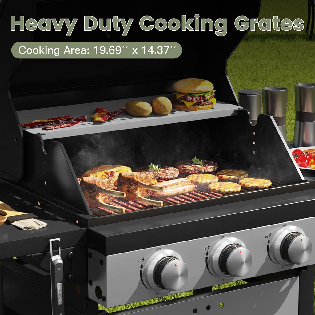 3 Burners Propane Gas Grill, Stainless Steel BBQ Grill with Porcelain-Enameled Cast Iron Grates, 28,500 BTU Outdoor Patio Barbeque Grill with 2 Foldable Side Tables for Party, Camping, Backyard