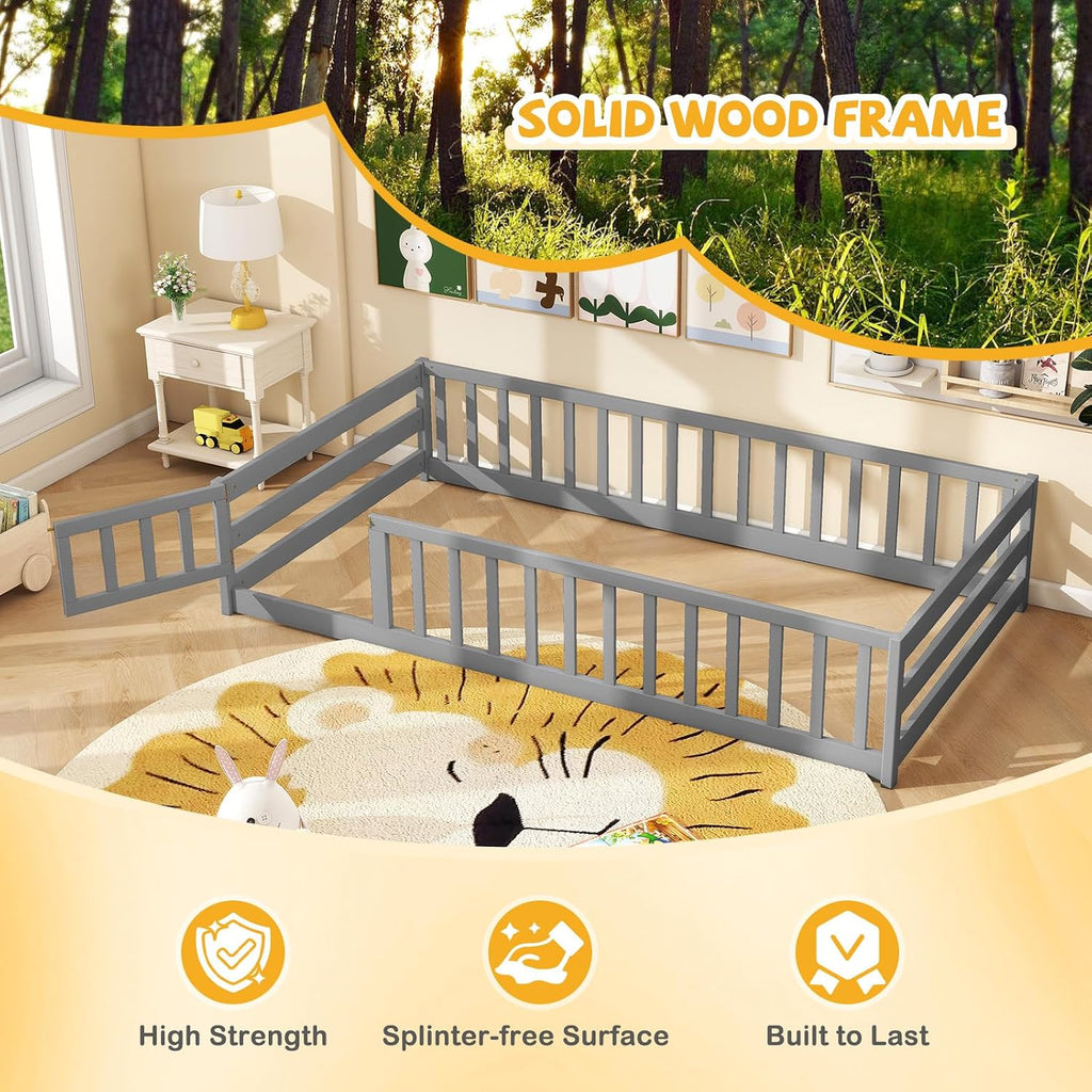 Giantex Twin Floor Bed with Fence for Kids, Wooden Montessori Bed Frame with Lockable Door & Guardrails, Low Floor Beds for Kids, Boys, Girls, No Box Spring Needed, Without Wood Slats, Grey