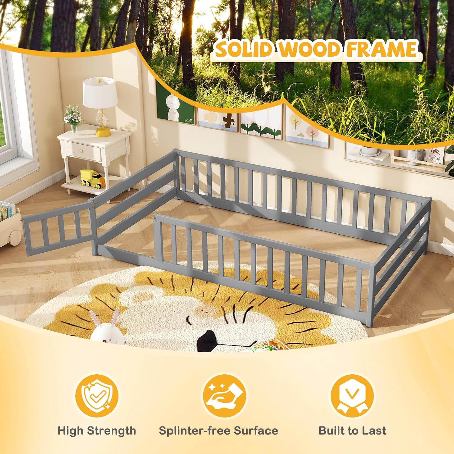 Giantex Twin Floor Bed with Fence for Kids, Wooden Montessori Bed Frame with Lockable Door & Guardrails, Low Floor Beds for Kids, Boys, Girls, No Box Spring Needed, Without Wood Slats, Grey