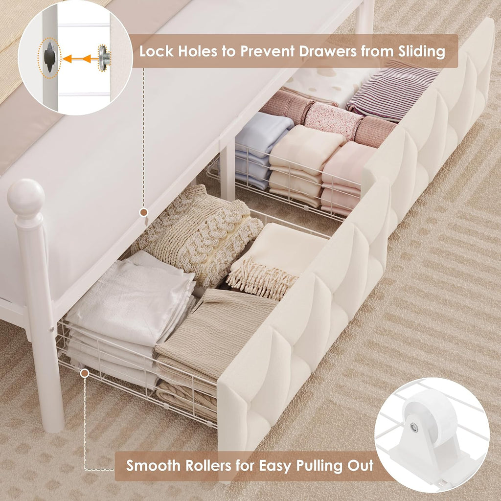 HIFIT Full Size Upholstered LED Canopy Bed Frame with Storage and Charging Station, Button Tufted Storage Headboard with Bookshelf, Two-Use Metal Platform Bed with 4 Removable Posts & 2 Drawers, Biege