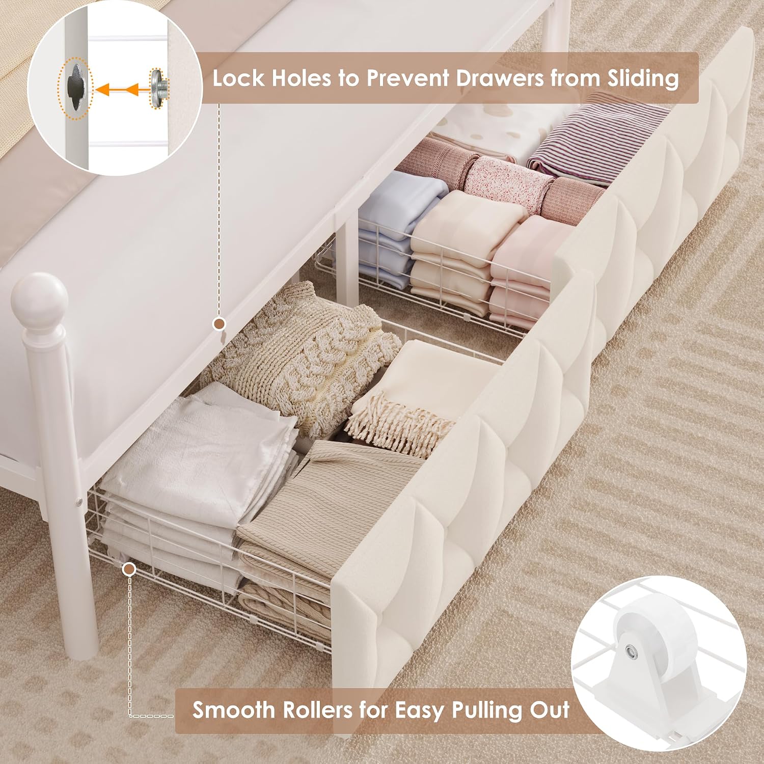 HIFIT Full Size Upholstered LED Canopy Bed Frame with Storage and Charging Station, Button Tufted Storage Headboard with Bookshelf, Two-Use Metal Platform Bed with 4 Removable Posts & 2 Drawers, Biege