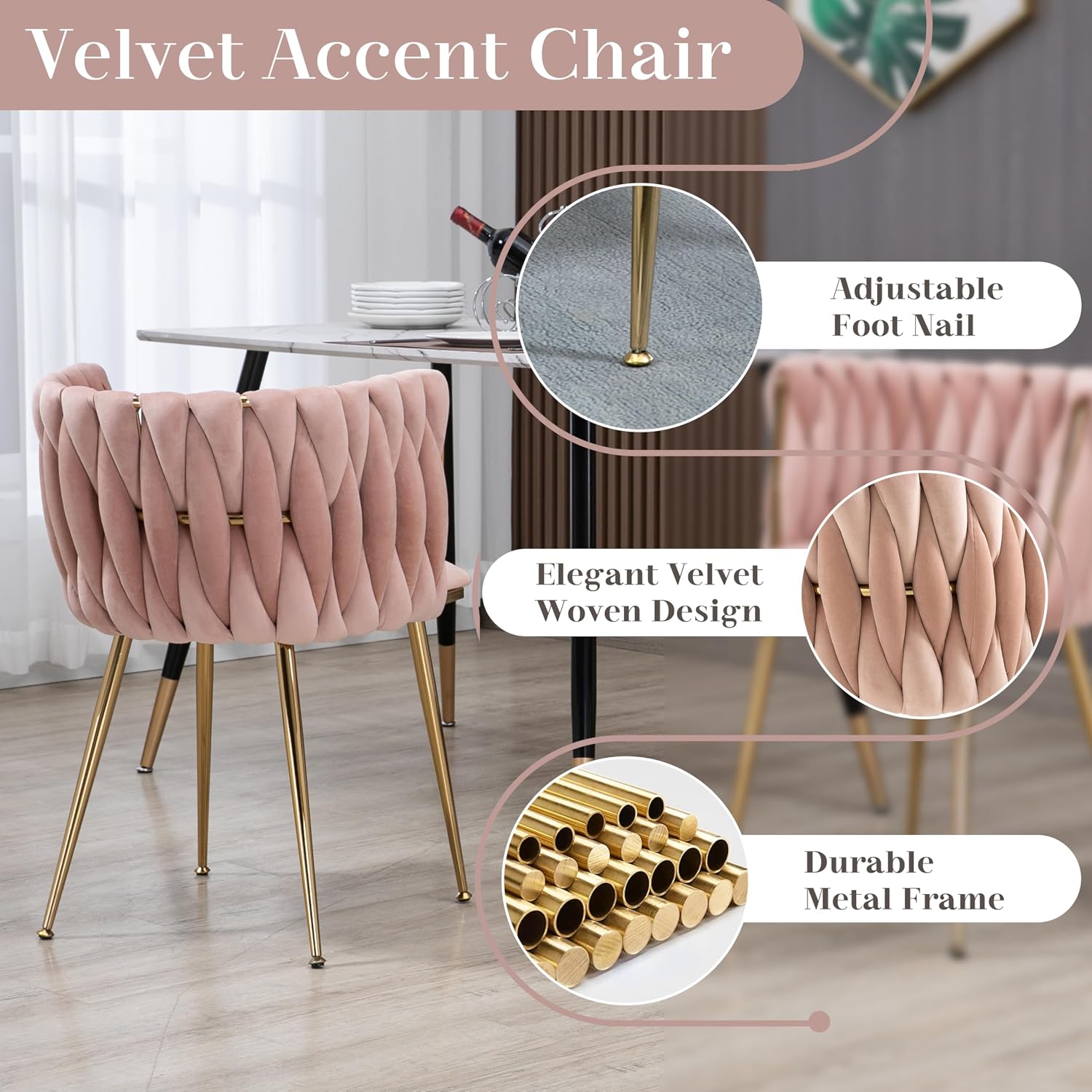 5 Piece Modern Gold Round Glass Dining Table Set, 47'' Clear Circle Glass Top Kitchen Set, 4 Person Luxury Minimalist Circular Dinner Set with Pink Woven Chairs, for Large Apartment Bedroom