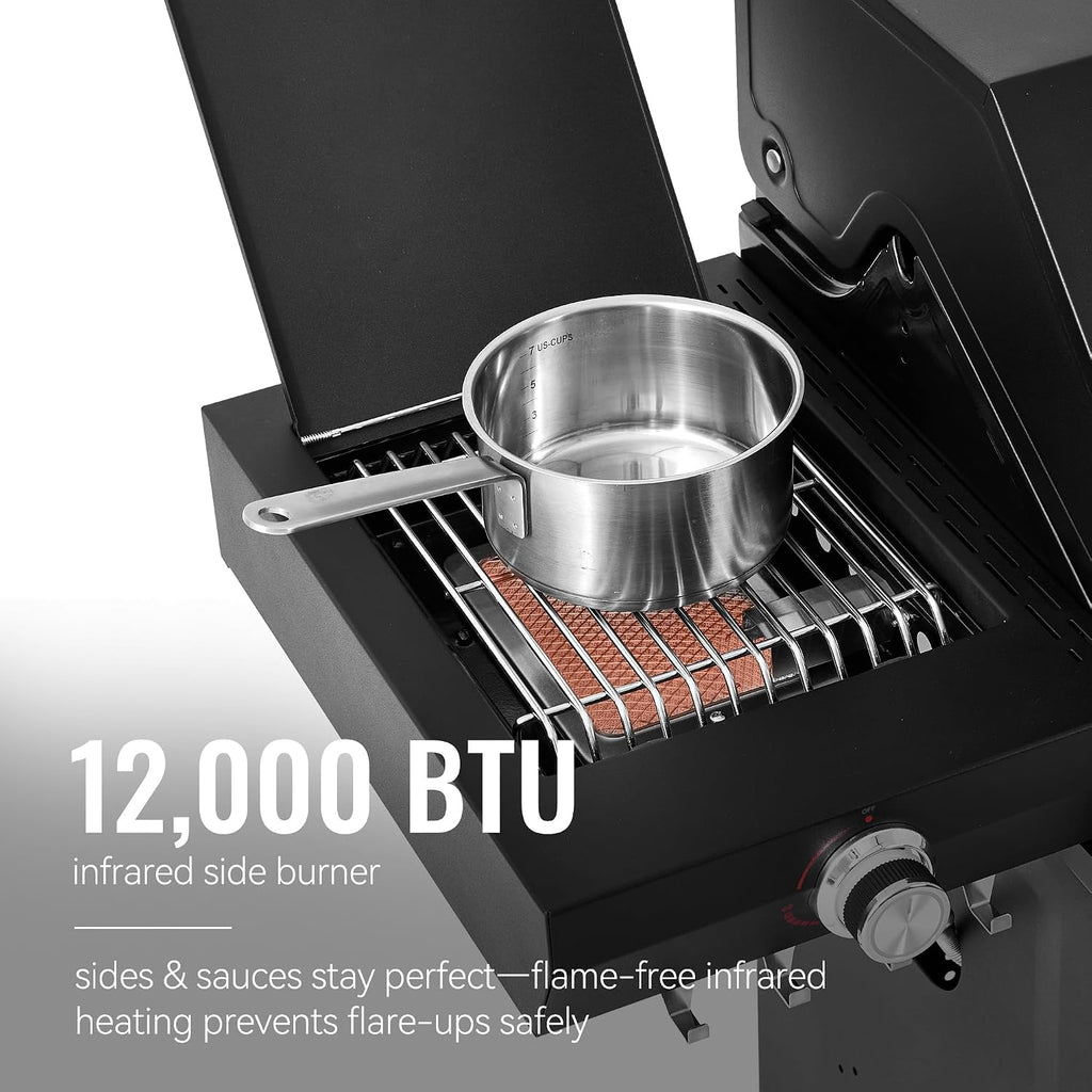 GEA5001H 5-Burner Gas Grill With Infrared Side Burner, Bilateral Stainless Steel Side Shelf With Hook, Cabinet Style Grill for Outdoor Grilling and Backyard Cooking, Black