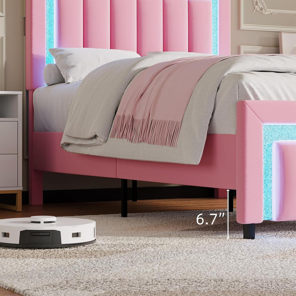 HOMBCK Twin Bed Frames for Kids, Twin Size Bed Frame with LED Lights and Velvet Upholstered Adjustable Headboard, Princess Diamond Design, Wooden Slats Support, Noise Free, No Box Spring Needed, Pink
