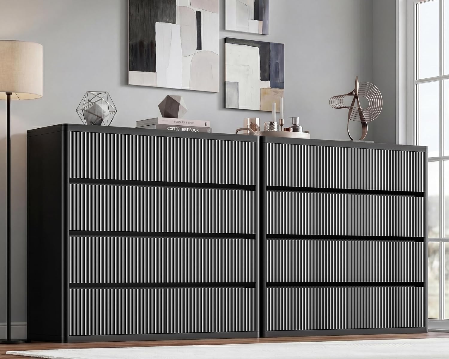 Standifurno Black Dresser for Bedroom, 8 Drawers Double Fluted Dressers, Modern Chest of Drawers with Curved Profile, Handleless, Storage Closet Dressers for Bedroom, Living Room, Entryways