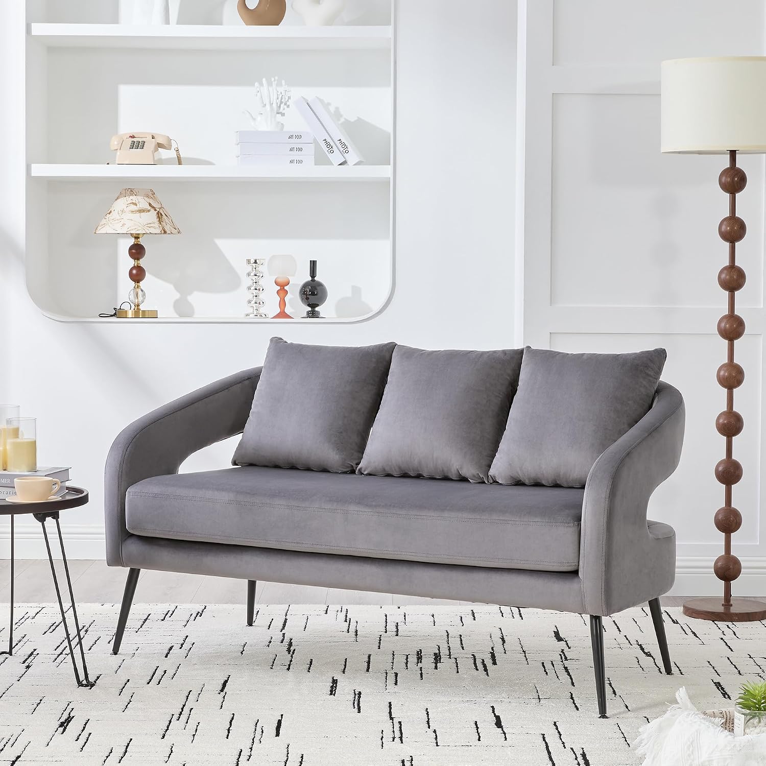 53.7' Modern Velvet Loveseat Sofa with 3 Pillow,Small Comfortable 2 Seat Sofa with Metal Legs, Small Couch for Living Room,Bedroom,Office,Reception,Charcoal
