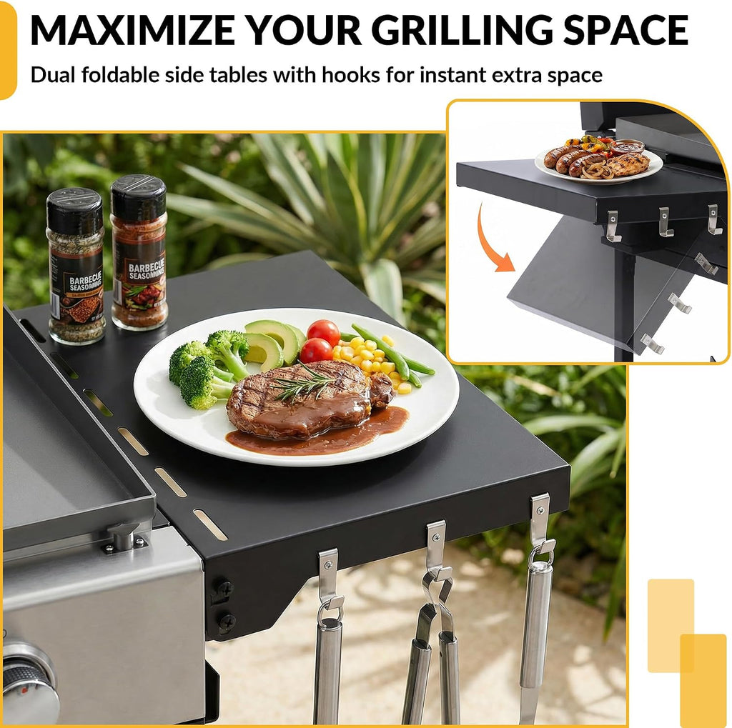 MAGIC UNION 4-Burner Heavy Duty Rolling Flat Top Propane Gas Griddle, Portable Griddle on Cart with Hood & Foldable Side Shelves, 32000 BTU 455 sq.in, for Outdoor Cooking, Camping & Tailgating