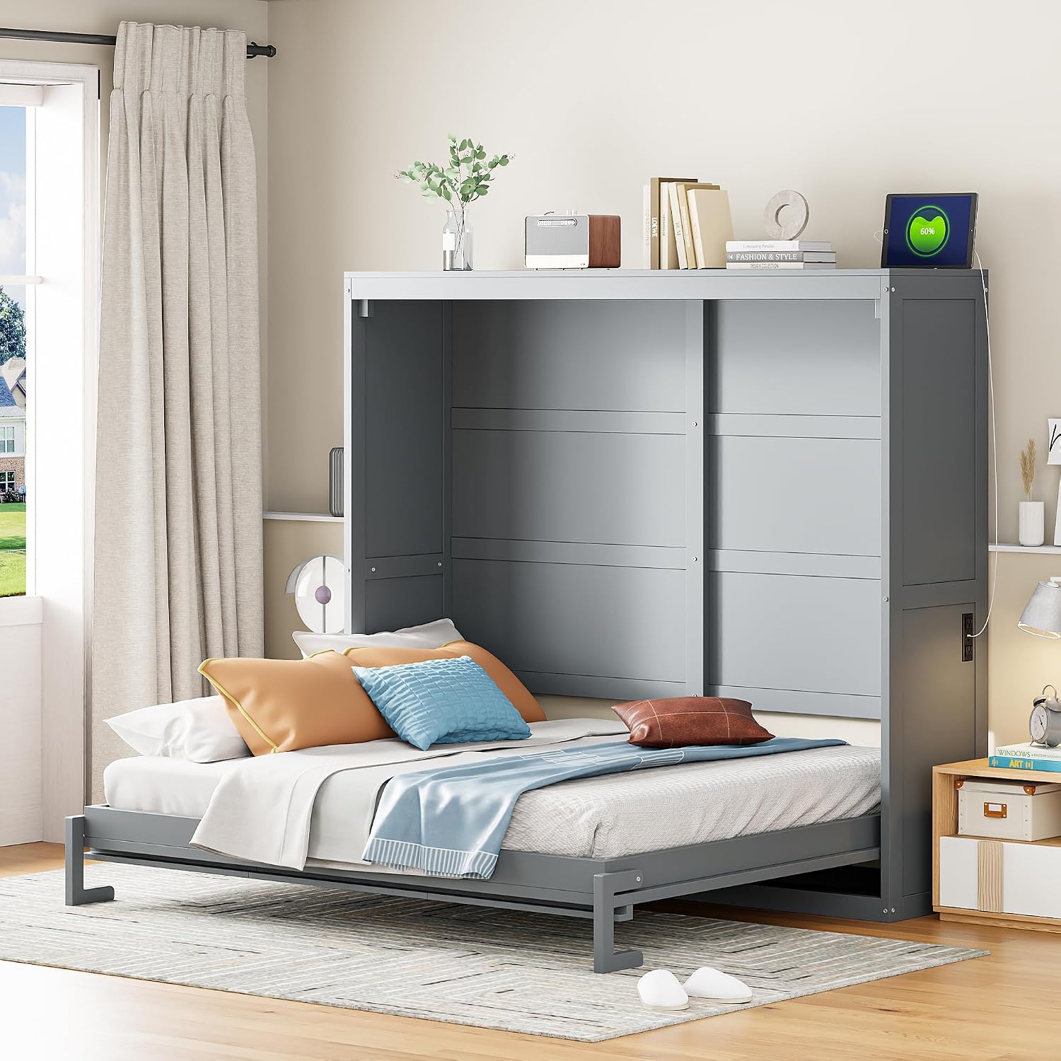 Harper & Bright Designs Full Size Murphy Bed, Wooden Full Murphy Wall Bed Frame with a Set of Sockets & USB Ports, Gray