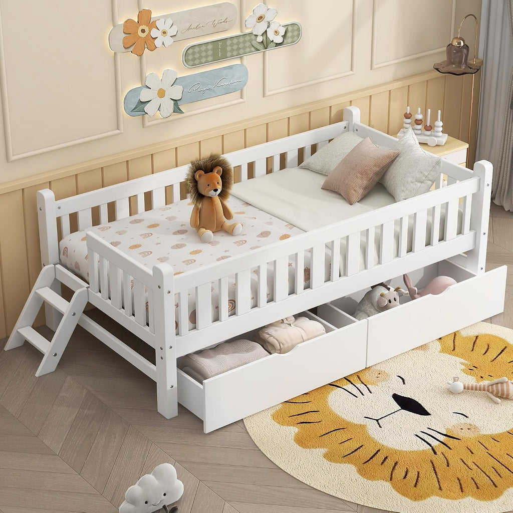 VilroCaz Twin Size Platform Bed with Guardrail and 2 Drawers, Wood Kids Platform Bed Frame with Two-Step Ladder for Boys Girls, Sturdy Slats Support (White-1.26)