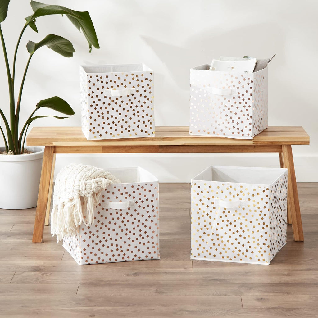 DII Non Woven Polyester Storage Bin, Polka Dot, White & Gold, Small Set of 4 (Pack of 6)