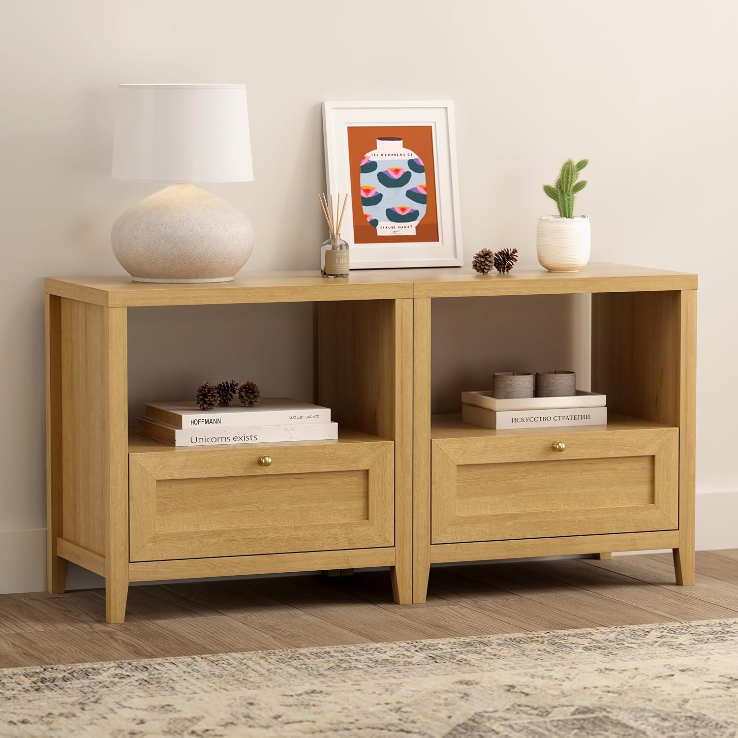 EYYTHUNG Wooden Nightstands Set of 2 with Drawer Modern 24' Wide End Table Night Stand Large Farmhouse Bedside Table with Open Shelf Mid Century Night Stands for Sofa, Natural Oak