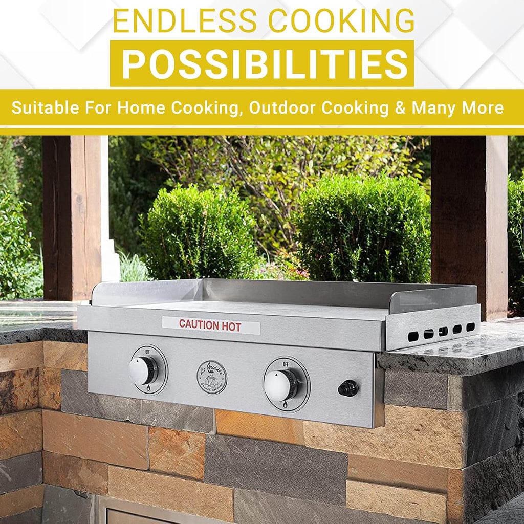 Le Griddle | 2 Burners Stainless Steel 30' Griddle for Propane Gas, for Outdoor Grill Home Cooking & Camping, Easy to Clean & Durable 18,000 BTU's Tabletop/Built-in