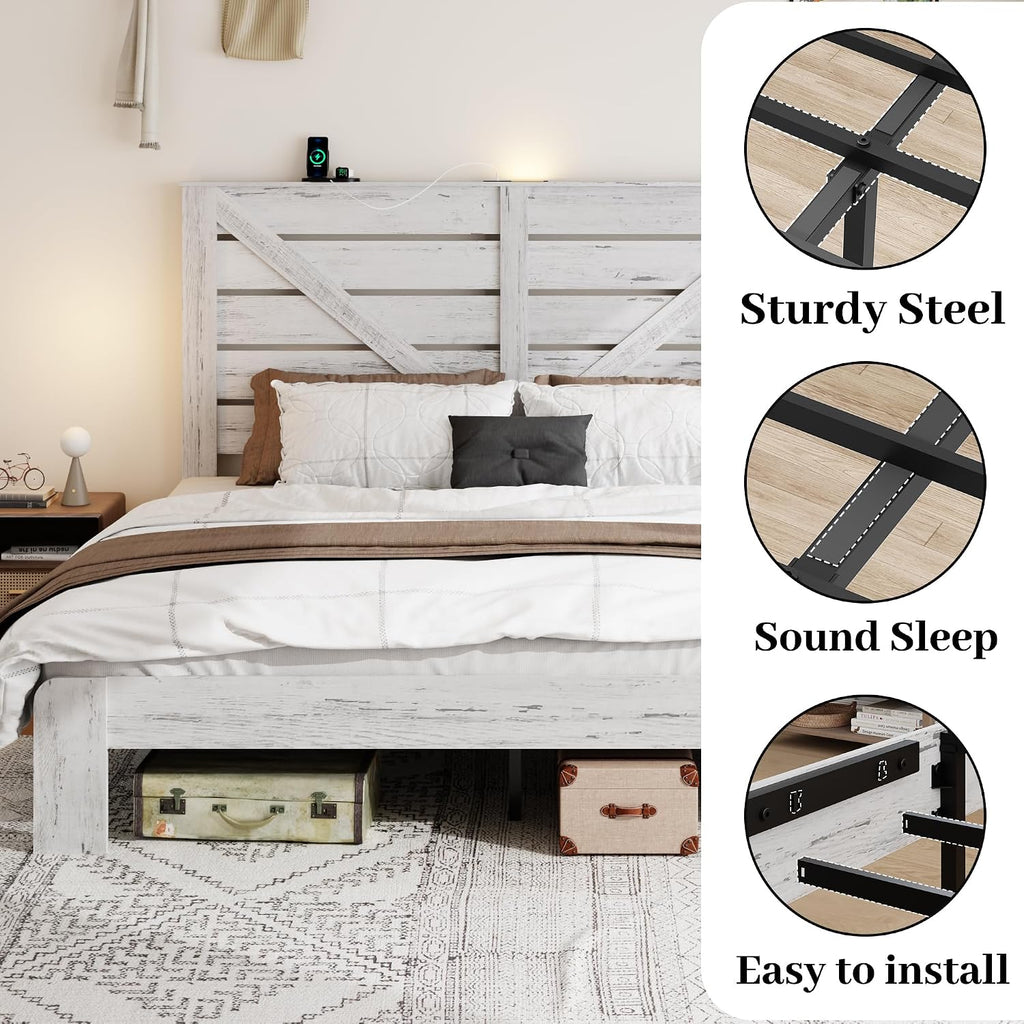 Queen Size Bed Frame with Headboard – Farmhouse Style Platform with LED Lights USB Charging No Box Spring Easy Assembly White Boho Bed Frame Modern Bedroom Sets (Boho White, Queen)