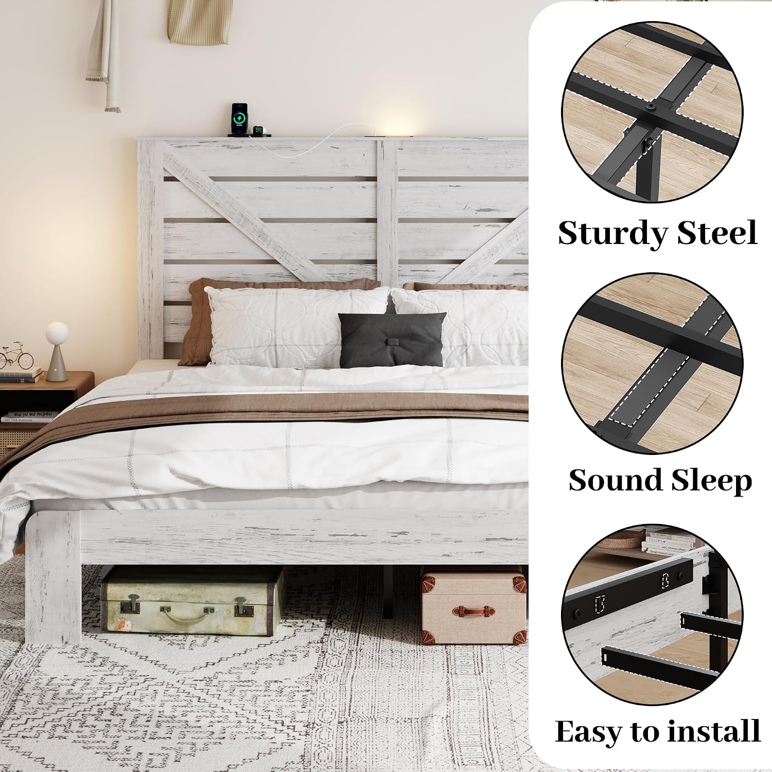 Queen Size Bed Frame with Headboard – Farmhouse Style Platform with LED Lights USB Charging No Box Spring Easy Assembly White Boho Bed Frame Modern Bedroom Sets (Boho White, Queen)