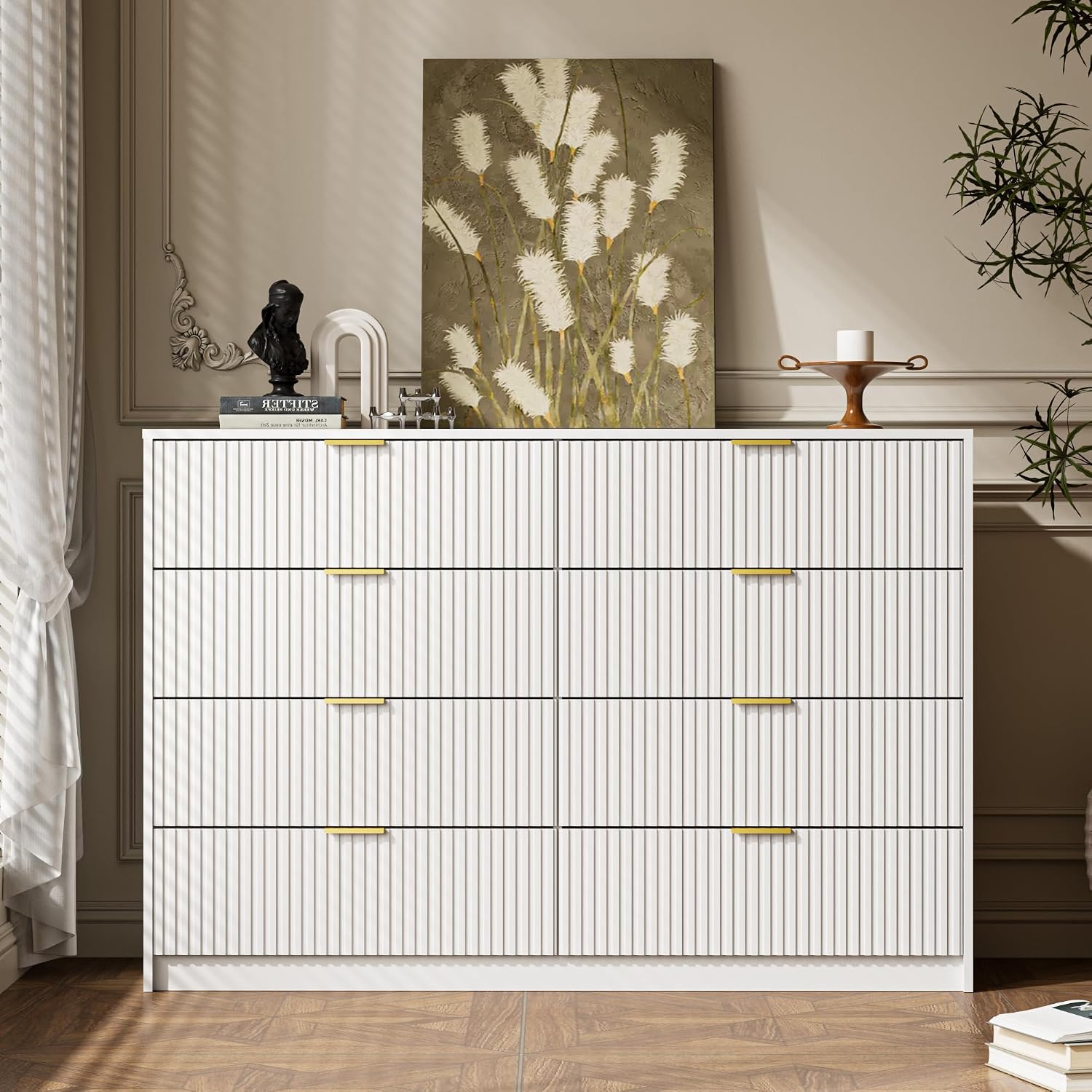 MAISONARIA 3-Piece Dresser Bedroom Set, 8 Drawer Dresser & 3 Drawer Nightstands with Gold Handles, Fluted Wood Chest of Drawers for Bedroom, Living Room, Entryway, White