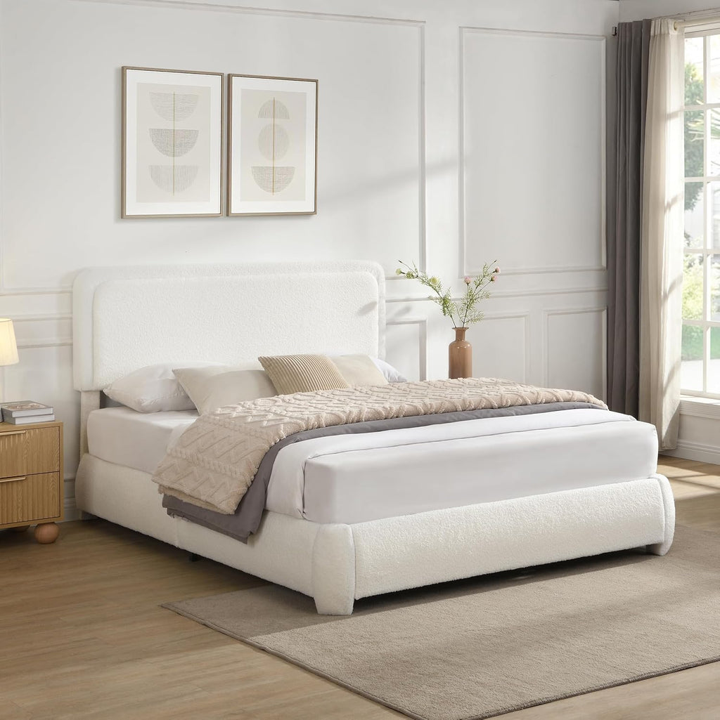 Queen Size Bed Frame with Adjustable Headboard, Modern Boucle Fabric Upholstered Platform Bed, Low to Floor, Anti-Collision Soft Rounded Corners, No Box Spring Needed, Easy Assembly for Bedroom，White