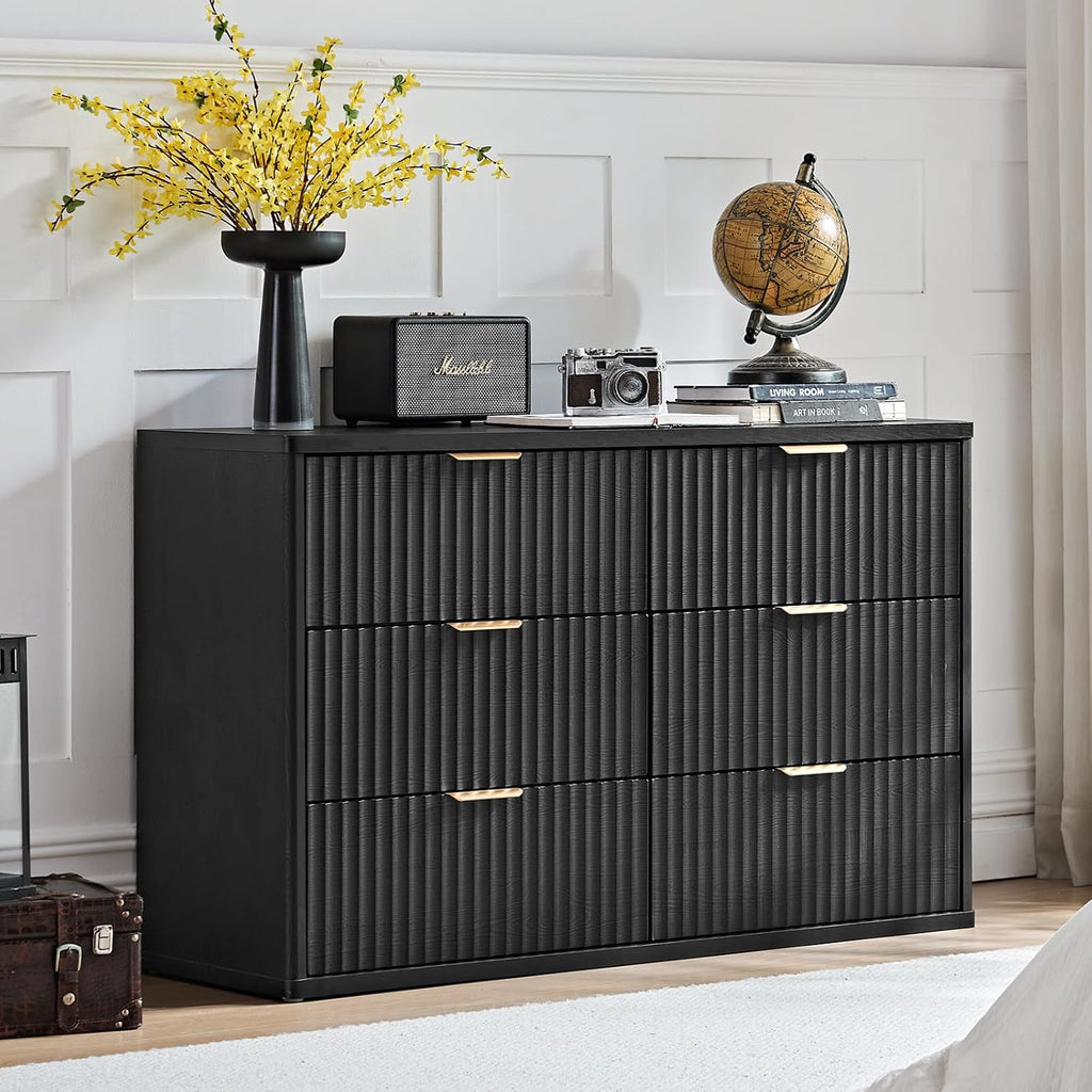 LEYAOYAO Fluted Dresser and 3 Drawers Nightstand Set of 2, Wood 48' Wide Dresser & 23' Night Stand with Charging Station, 3 Piece Bedroom Furniture Set, Chest of Drawers for Home,Living Room,Black