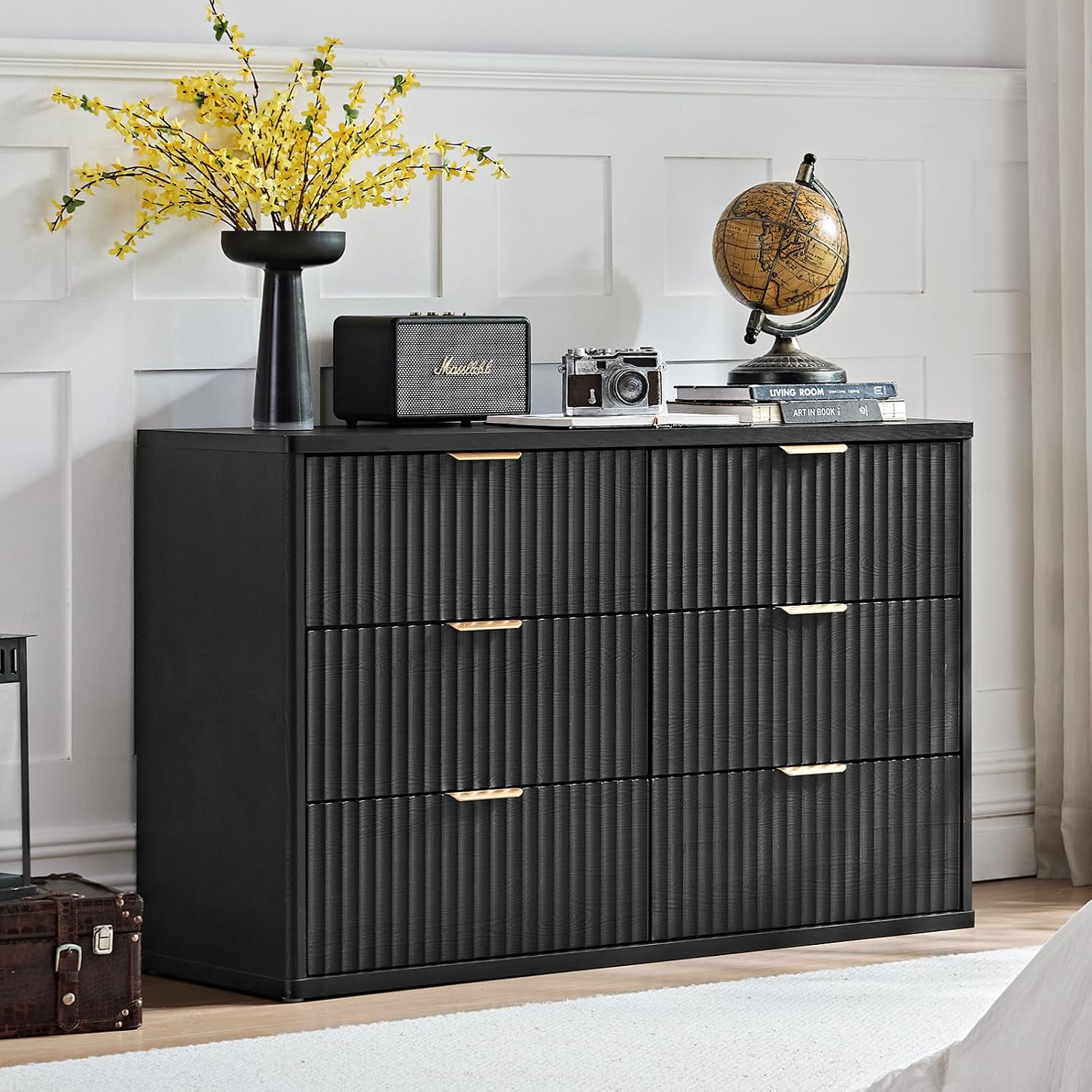 LEYAOYAO Fluted Dresser and 3 Drawers Nightstand Set of 2, Wood 48' Wide Dresser & 23' Night Stand with Charging Station, 3 Piece Bedroom Furniture Set, Chest of Drawers for Home,Living Room,Black