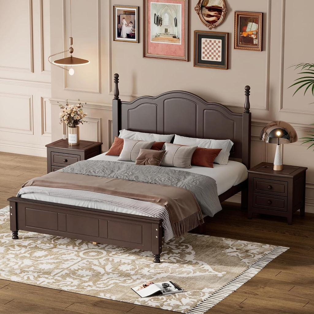Harper & Bright Designs 3-Pieces Bedroom Sets,Full Size Wood Platform Bed Frame for Boys Girls Kids Adults Toddler and Two Nightstands-Dark Walnut