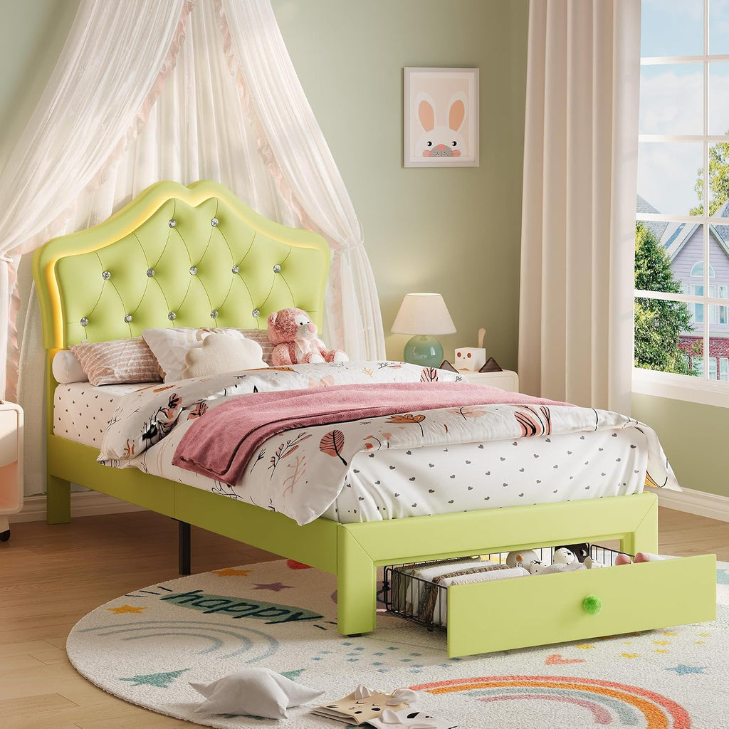 Garvee Twin Size Bed Frame with LED Lights & Velvet Crystal Button Headboard, Upholstered Boy Platform Bed with Storage Drawer, Noise Free, No Box Spring Needed for Kids, Teens, OrangeAvocado Green