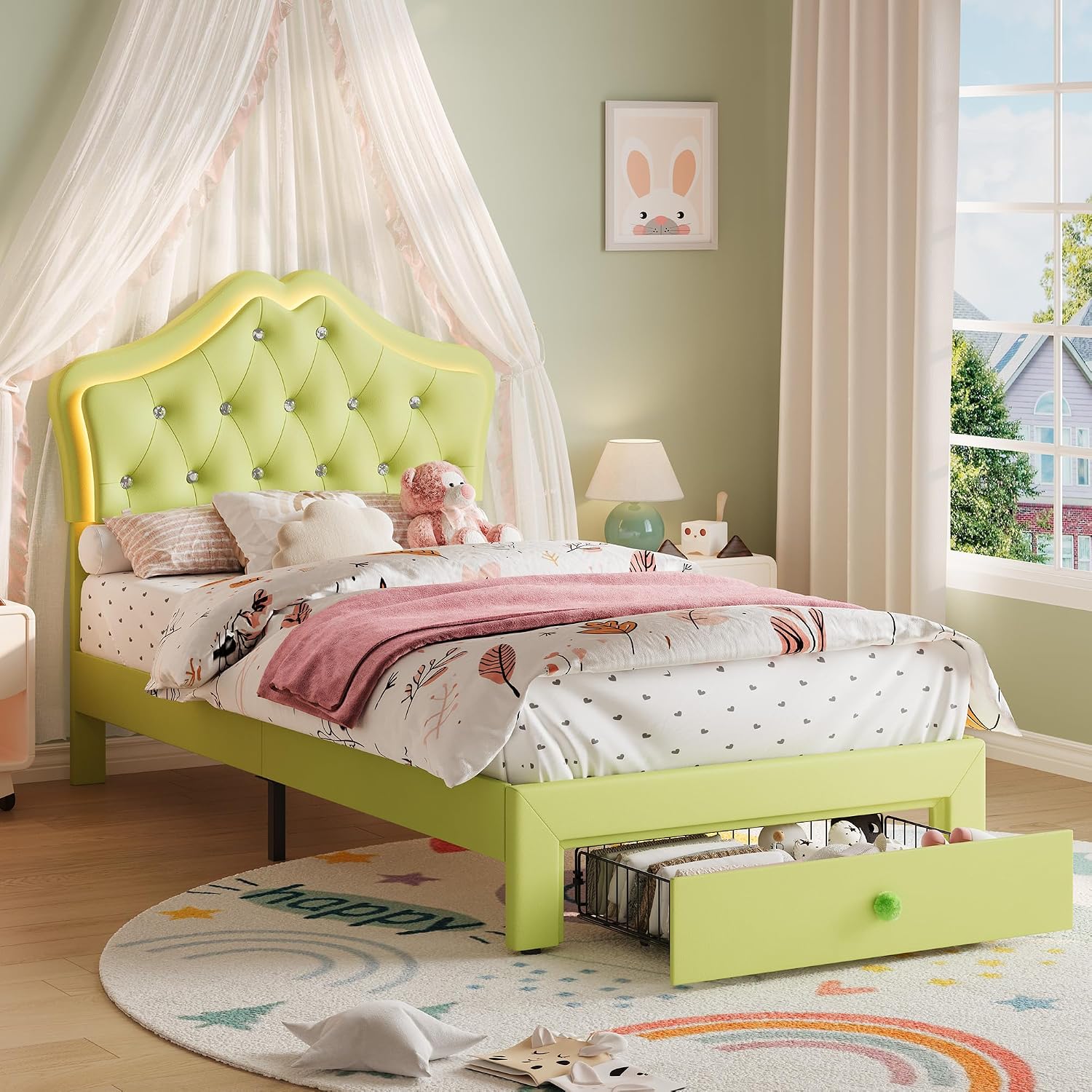 Garvee Twin Size Bed Frame with LED Lights & Velvet Crystal Button Headboard, Upholstered Boy Platform Bed with Storage Drawer, Noise Free, No Box Spring Needed for Kids, Teens, OrangeAvocado Green