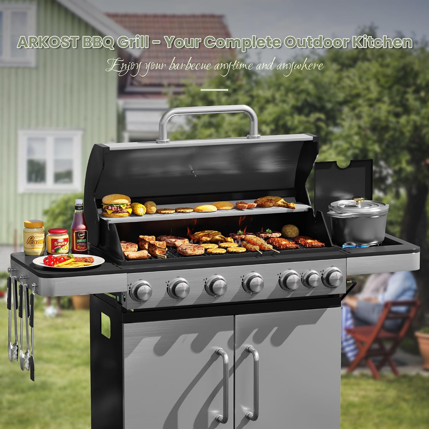 6 Burners Propane Gas Grill with Side Burner, Stainless Steel BBQ Grill with Porcelain-Enameled Cast Iron Grates, 65,500 BTU Outdoor Patio Barbeque Grill for Party, Camping, Backyard