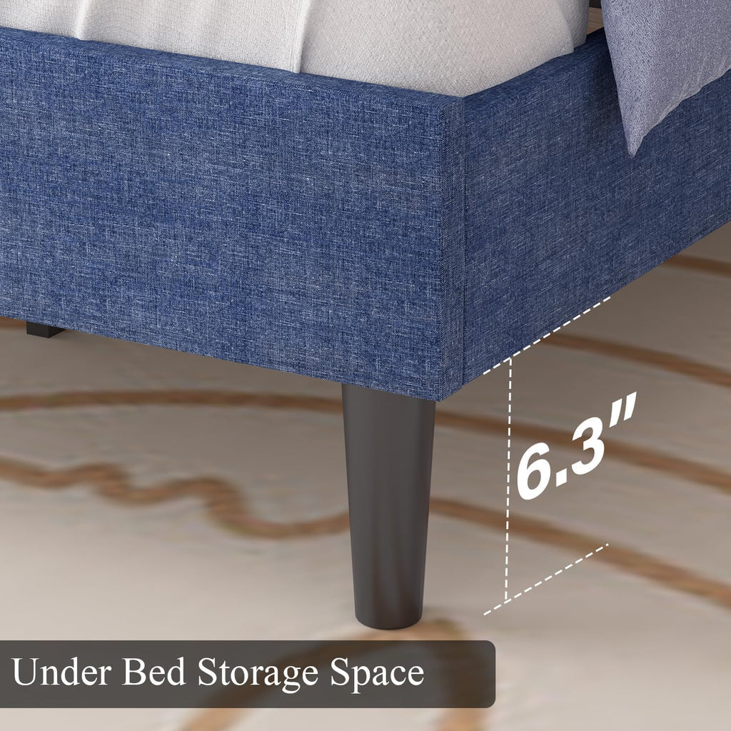 HOMBCK Queen Bed Frame with Button Tufted Headboard, Blue Upholstered Platform Bed Frame Bed, Soft Fabric/Wood Slats Support/No Box Spring Needed, Easy Assembly, Blue
