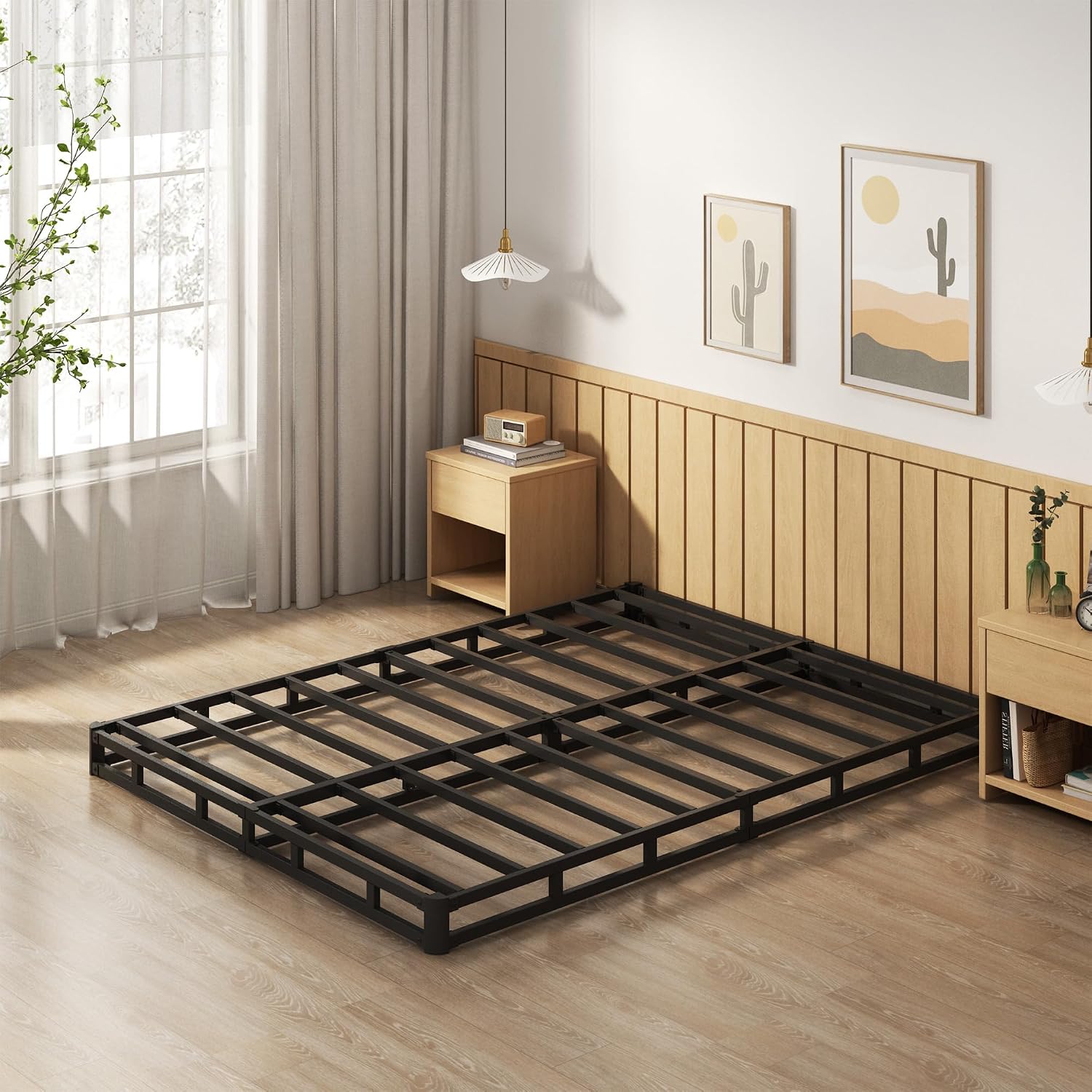 EMODA King Size Box Spring 4 Inch Heavy Duty Bed Base Metal Mattress Foundation with Fabric Cover, 3000LBS Max Weight Capacity, Noise Free, Easy Assembly