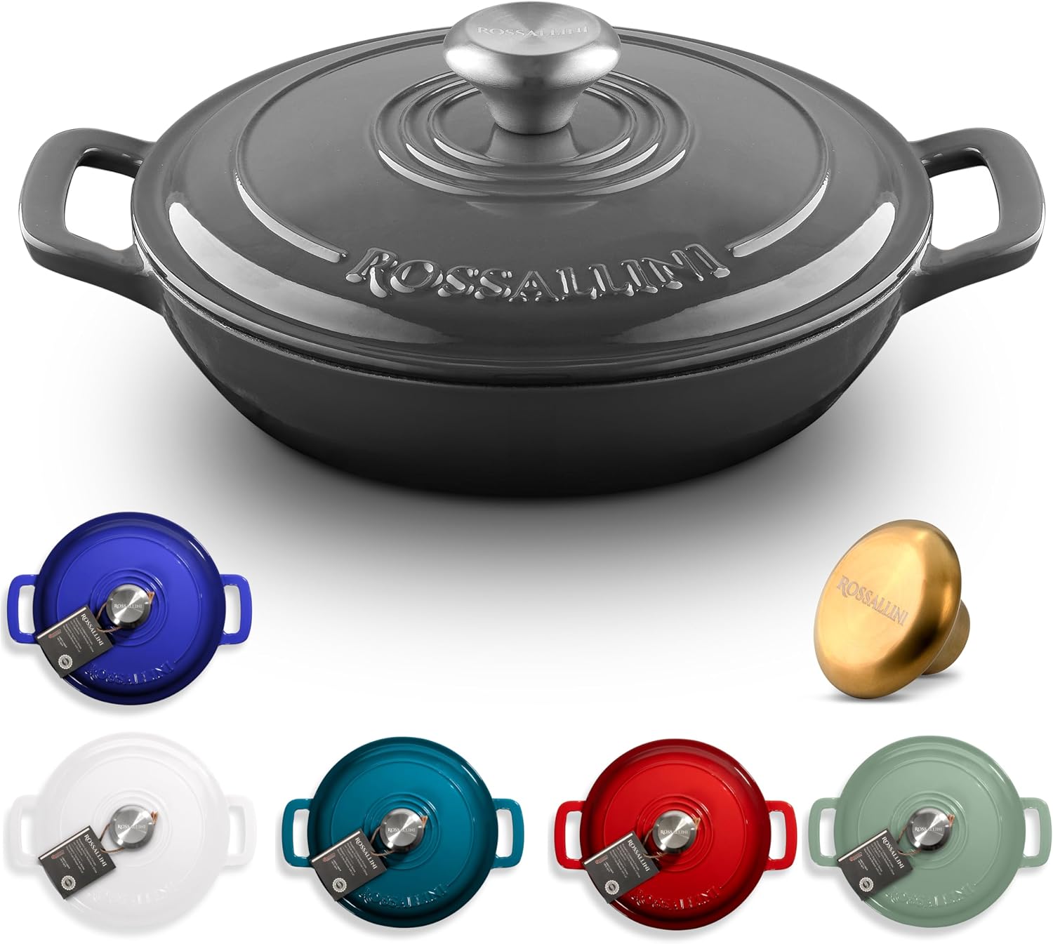ROSSALLINI Signature Enameled Cast Iron Braiser, Non-Stick Serving Pot with Tight Fitting Lid for Perfect Roasting, Baking, Sauteing, Searing, and Pan Frying | 3.5Q (3.3L) - Oyster Grey