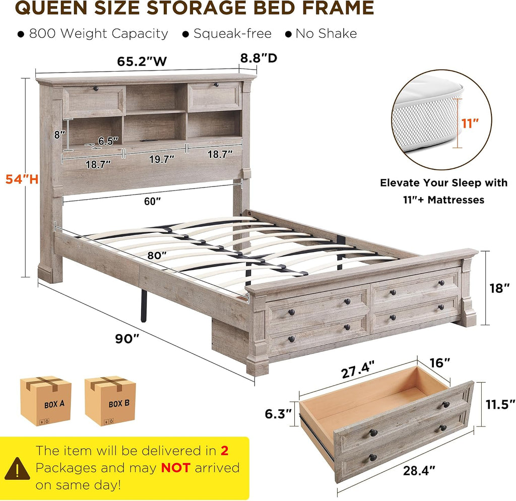 T4TREAM Farmhouse Queen Size Bed Frame with 54' Tall Storage Bookcase Headboard, Wood Platform Bed Frame with 18' Roman Column Decoration Footboard & 2 Drawers, No Box Spring Needed(Light Rustic Oak)
