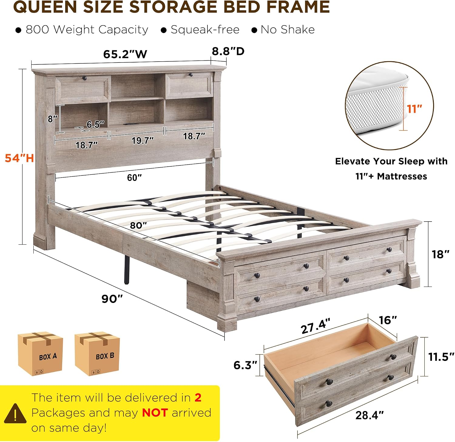 T4TREAM Farmhouse Queen Size Bed Frame with 54' Tall Storage Bookcase Headboard, Wood Platform Bed Frame with 18' Roman Column Decoration Footboard & 2 Drawers, No Box Spring Needed(Light Rustic Oak)