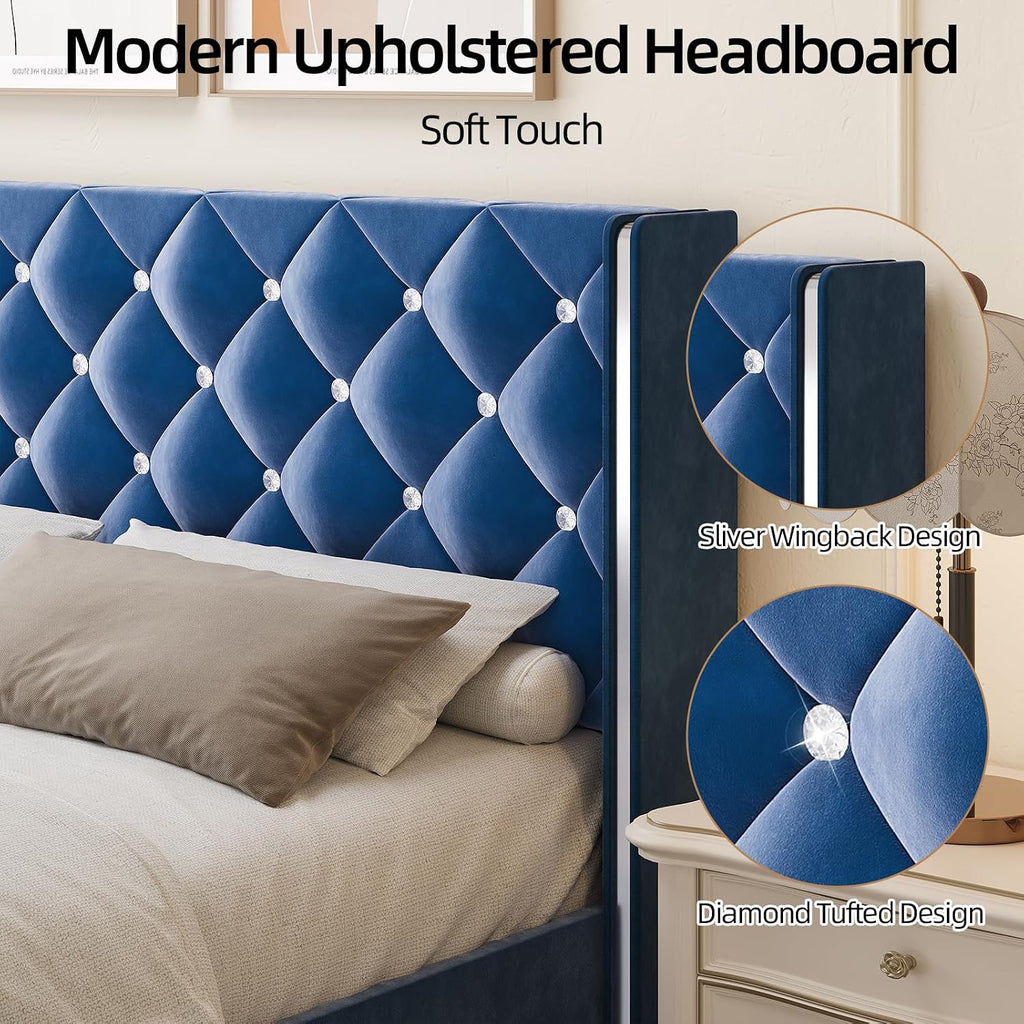 HOMBCK Full Size Bed Frame, Upholstered Bed with Diamond Headboard, Black Velvet Bed Frame with Wingback Headboard & Footboard, No Box Spring Needed, Easy Assembly, Blue