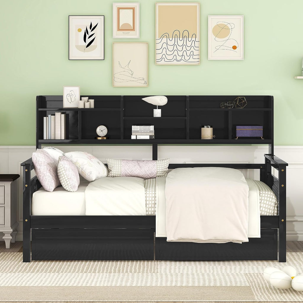 Merax Daybed with Bedside Shelves and 2 Drawers, Wooden Slats Support, Modern Living Daybed with Rails, Twin Size, Espresso