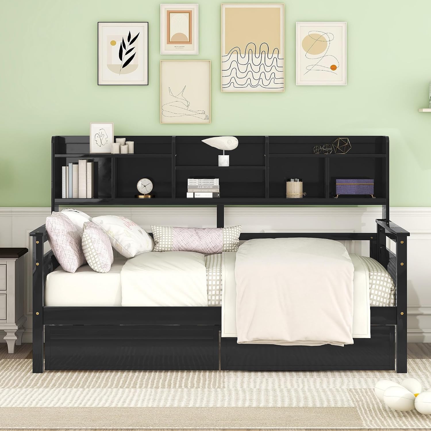 Merax Daybed with Bedside Shelves and 2 Drawers, Wooden Slats Support, Modern Living Daybed with Rails, Twin Size, Espresso