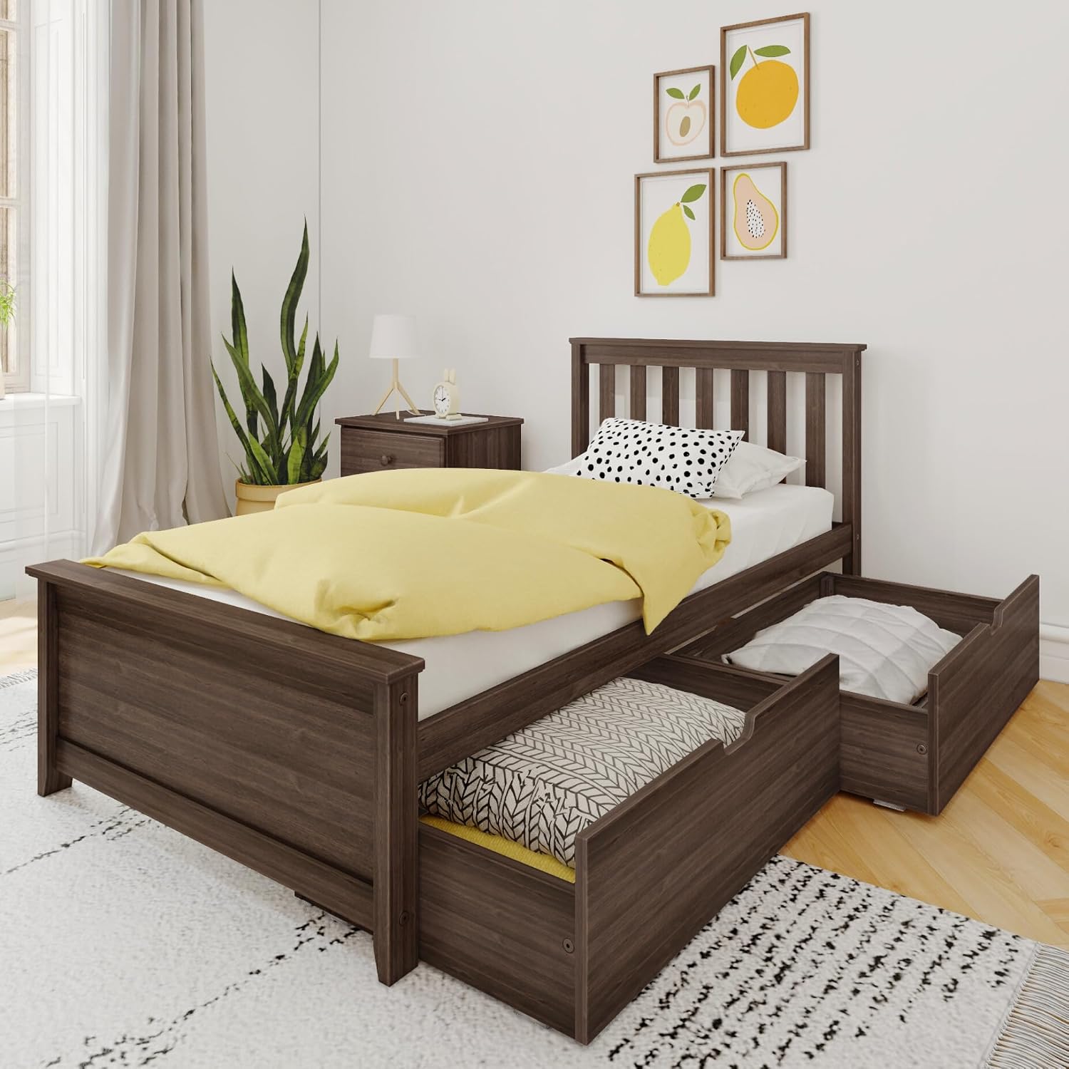 Max & Lily Classic Twin Bed, Slatted Headboard, with Storage Drawers, Walnut