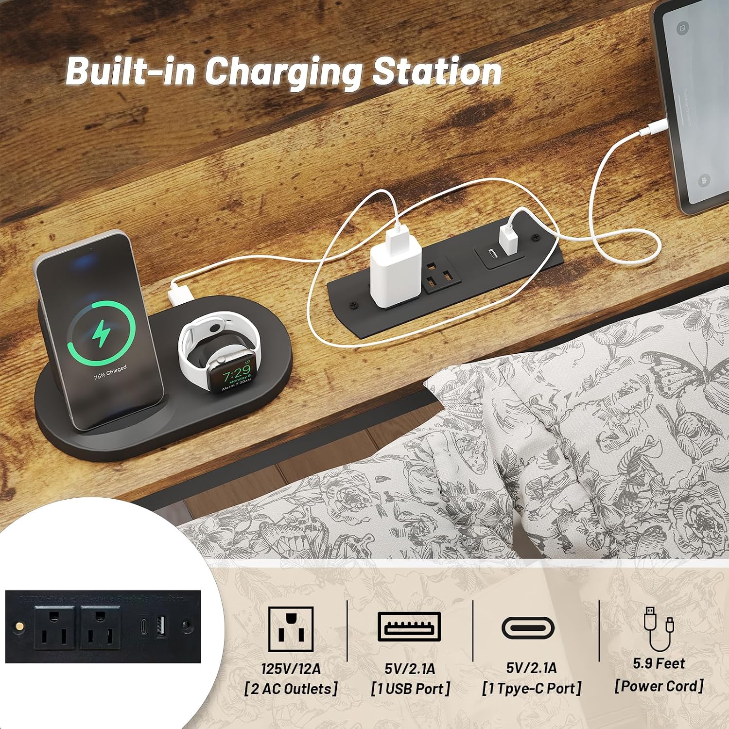 Bellemave Full Corner Bed Frame with Storage, Full Captains Bed with Charging Station, LED Light, Wood Daybeds with L-Shaped Bookcase and 2 Drawers, Brown
