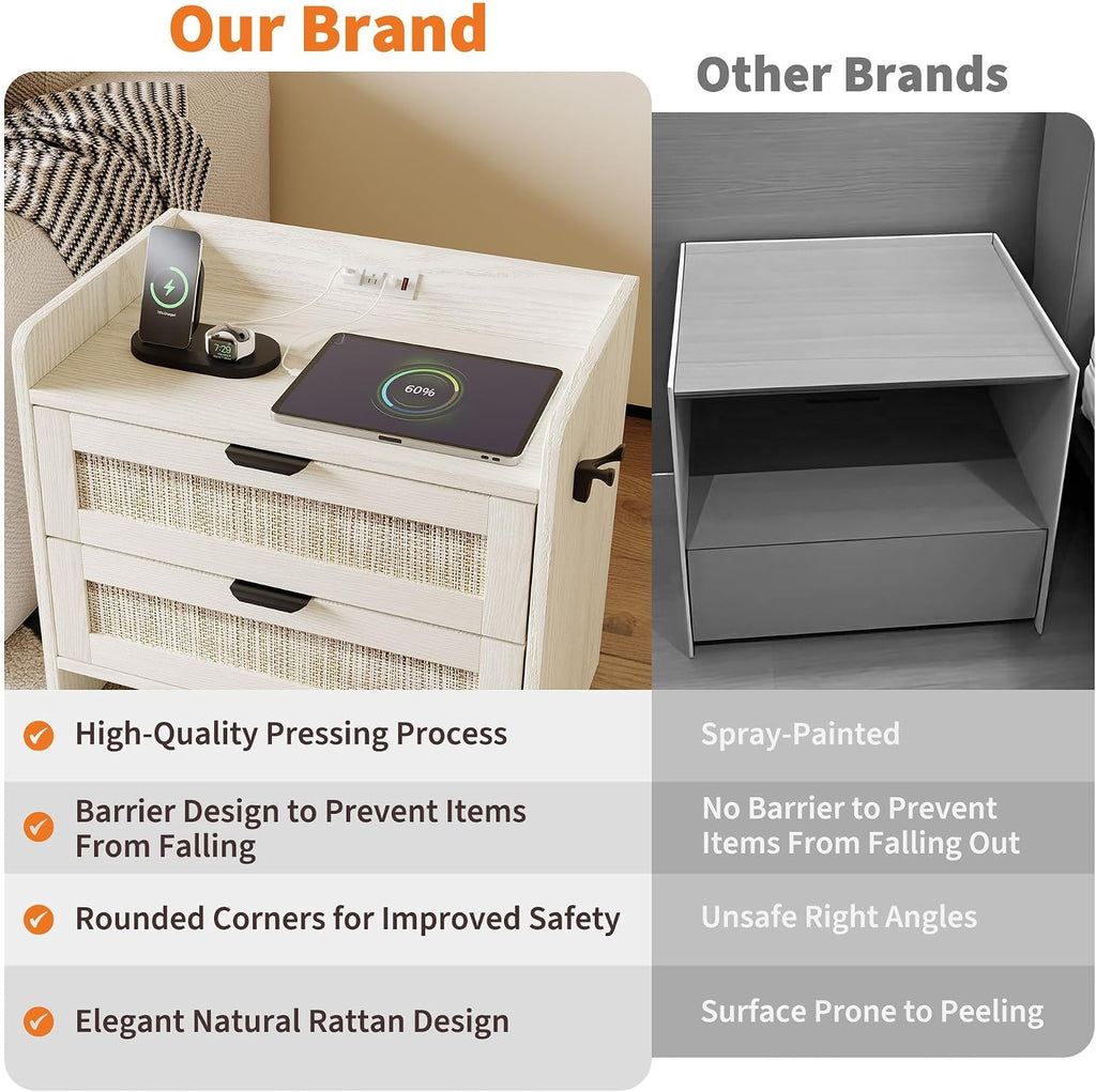 Rattan Nightstand Set of 2, Bedside Table, Modern Night Stand with Type-C Charging Station, 2 Drawer Storage Space, with Hook Included, Suitable for Bedroom, Office as a End Table, Side Tables