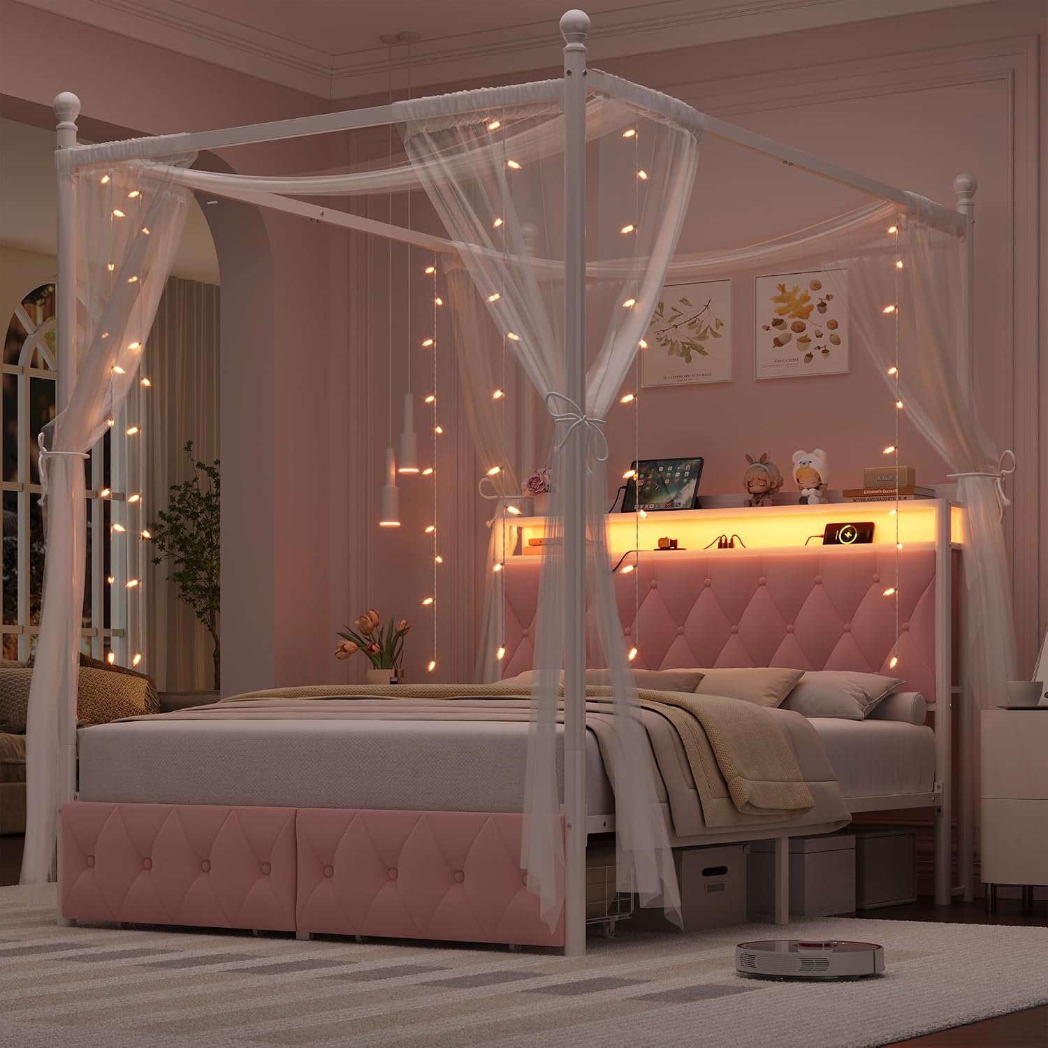 HIFIT Full Size Upholstered LED Canopy Bed Frame with Storage and Charging Station, Button Tufted Storage Headboard with Bookshelf, Two-Use Metal Platform Bed with 4 Removable Posts & 2 Drawers, Pink